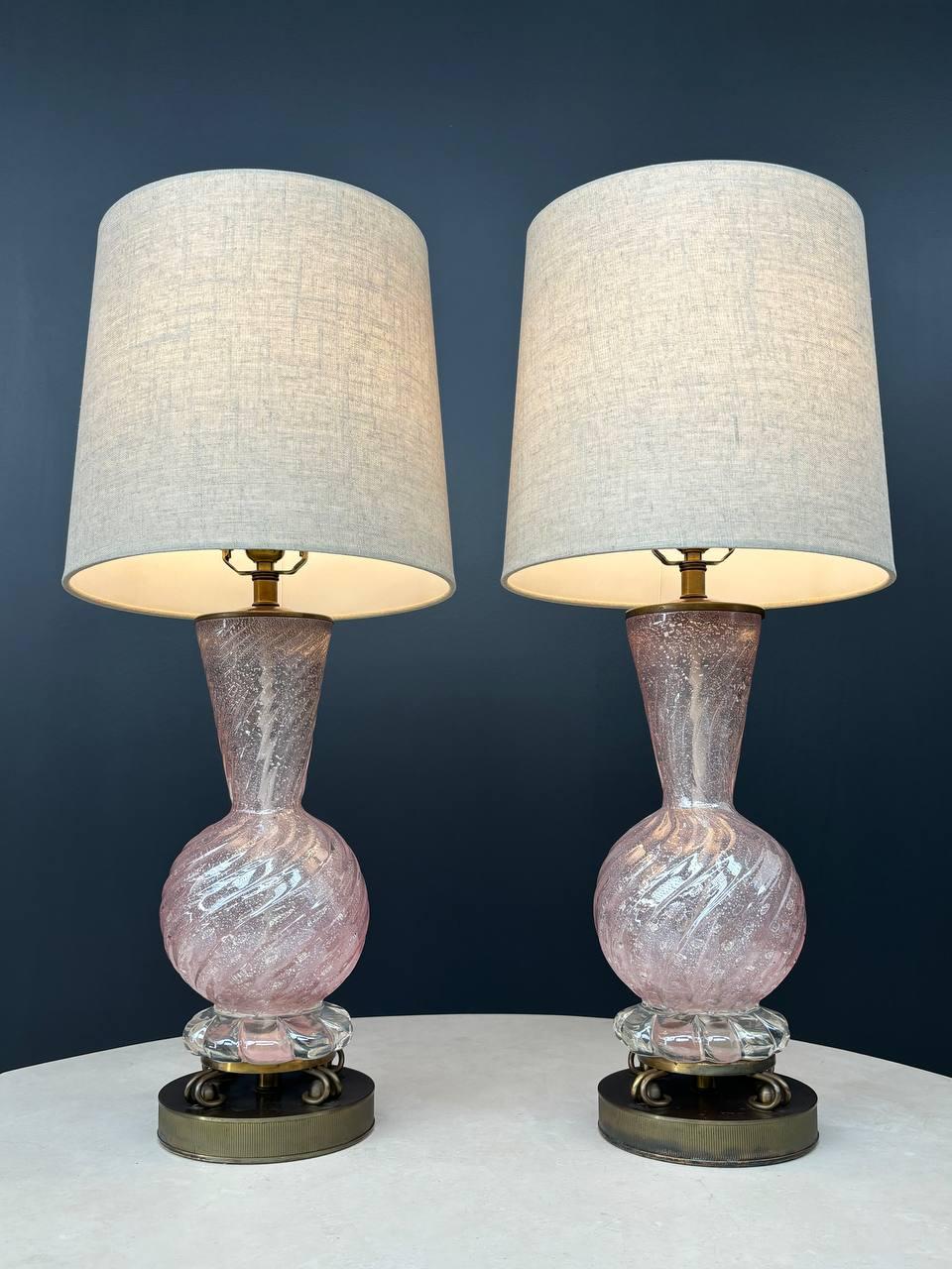 Condition: Newly Rewired, New Shade

Materials: Pink Italian Murano, Patinated Brass

Lamps:
29”H x 7”W x 7”D
Shade:
11.50