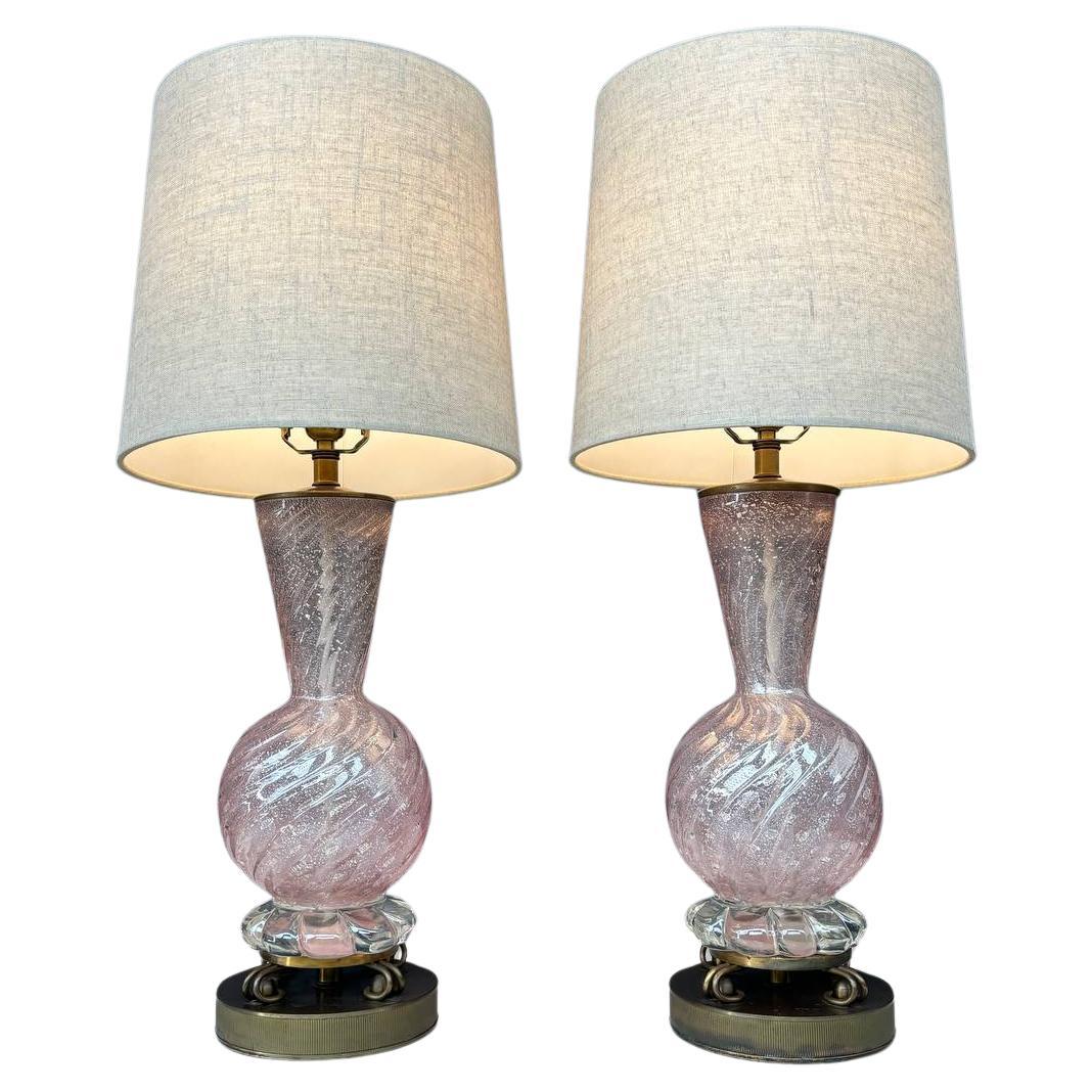 Pair of Mid-Century Modern Pink Murano Table Lamps by Barovier & Toso For Sale