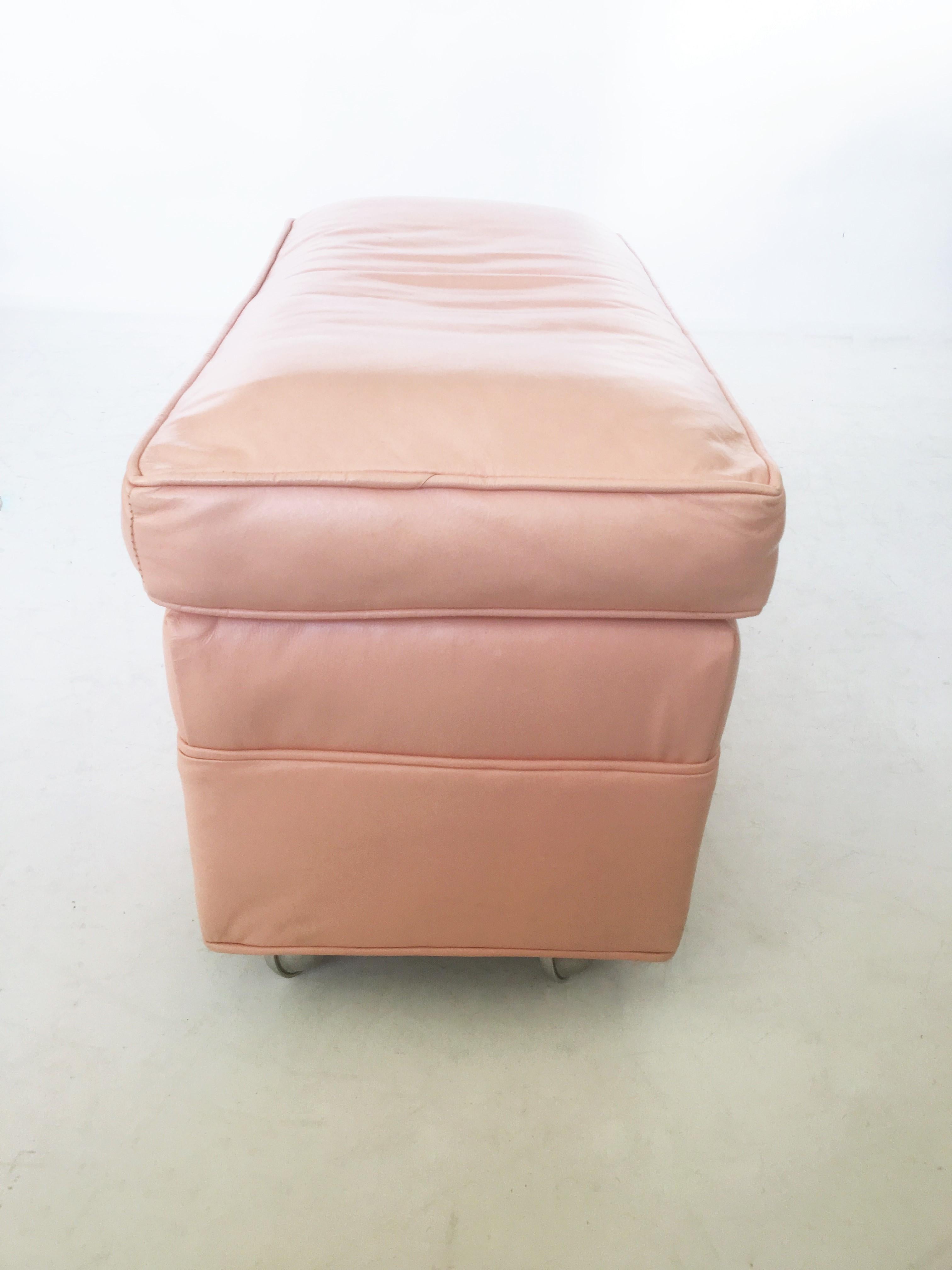 American Pair of Mid-Century Modern Pink Ombre Leather Ottomans on Casters For Sale