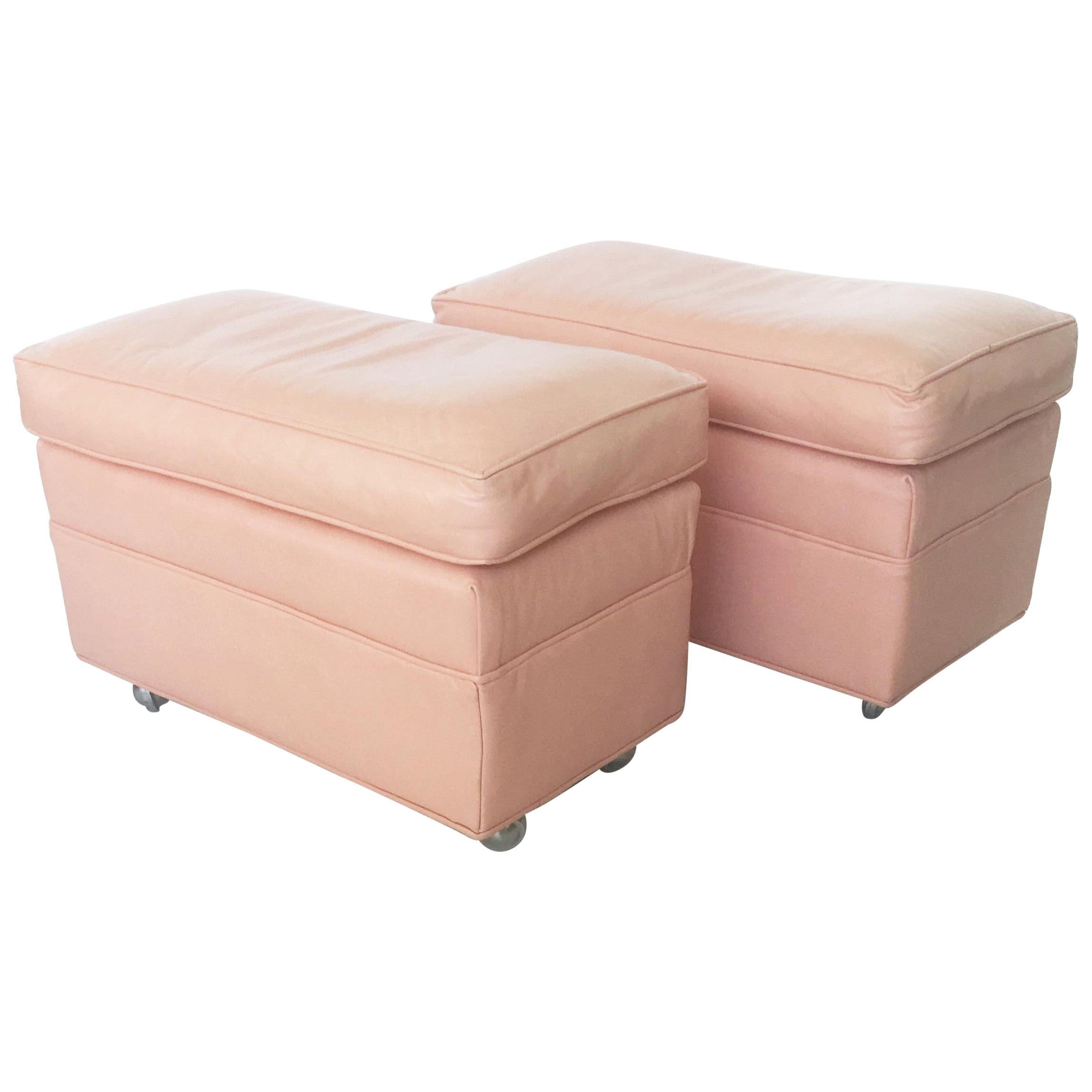 Pair of Mid-Century Modern Pink Ombre Leather Ottomans on Casters