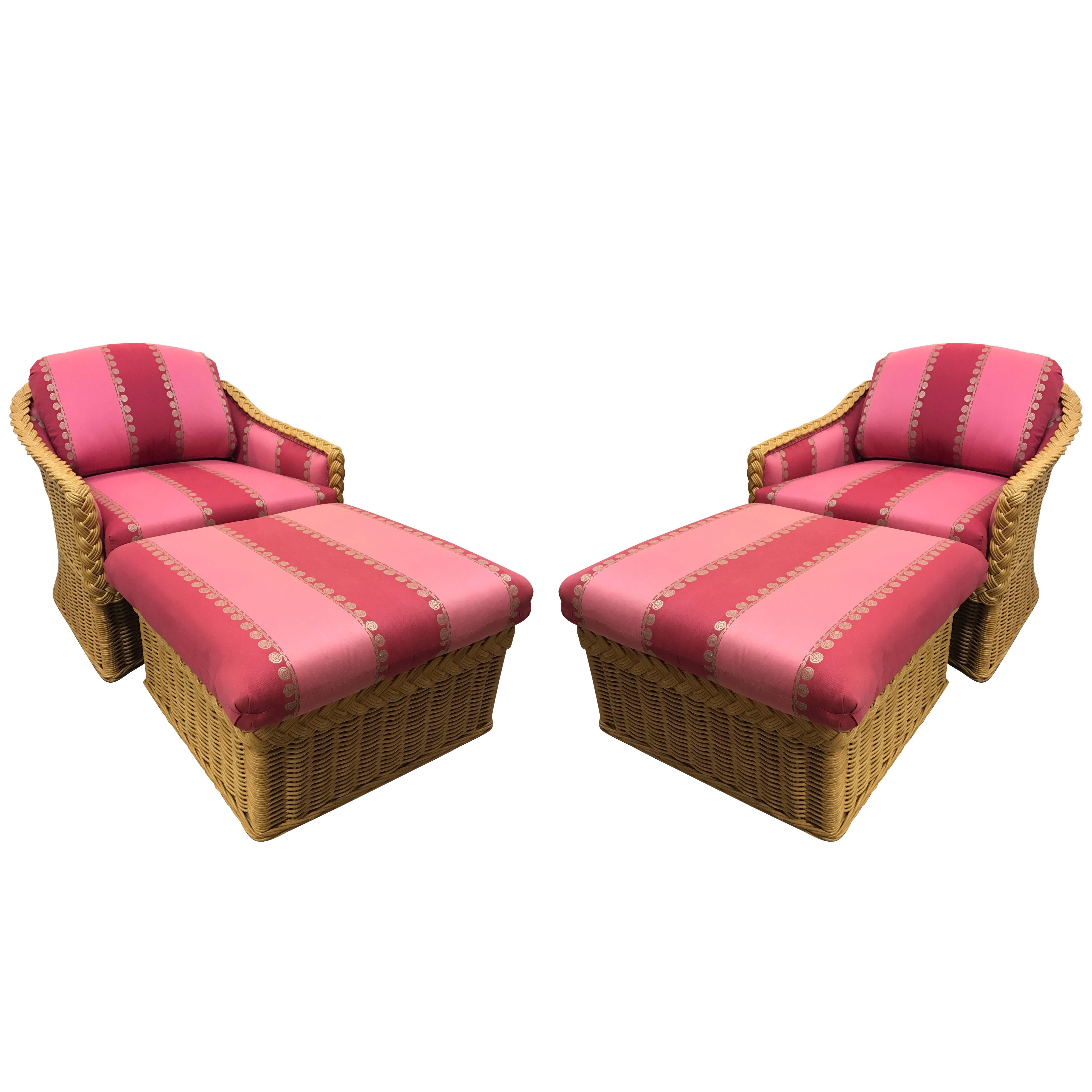 Pair of Mid-Century Modern Pink Rasberry Wicker Lounge Chair and Ottomans