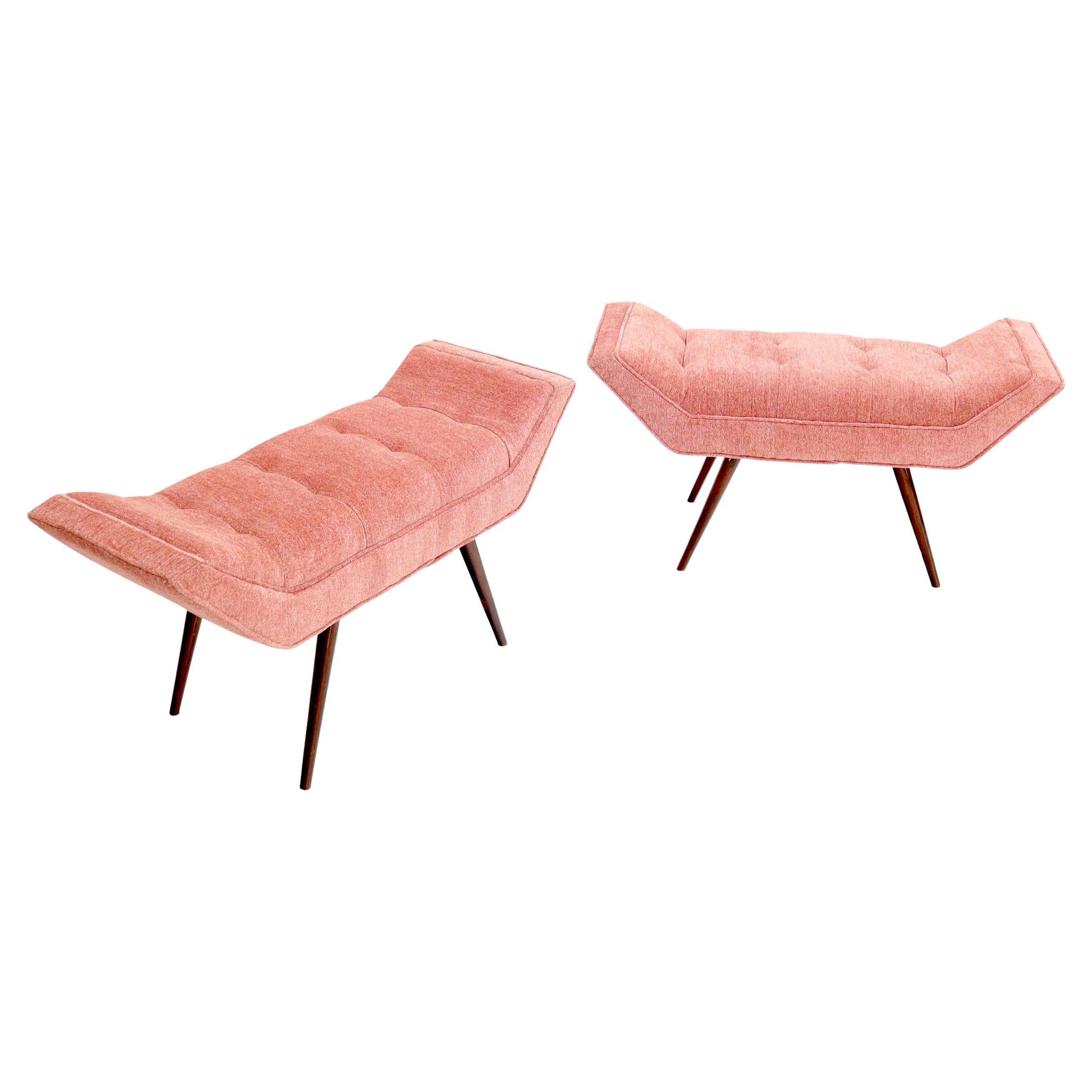 Pair of Mid-Century Modern Pink Velvet Upholstery Dowel Legs Benches For Sale