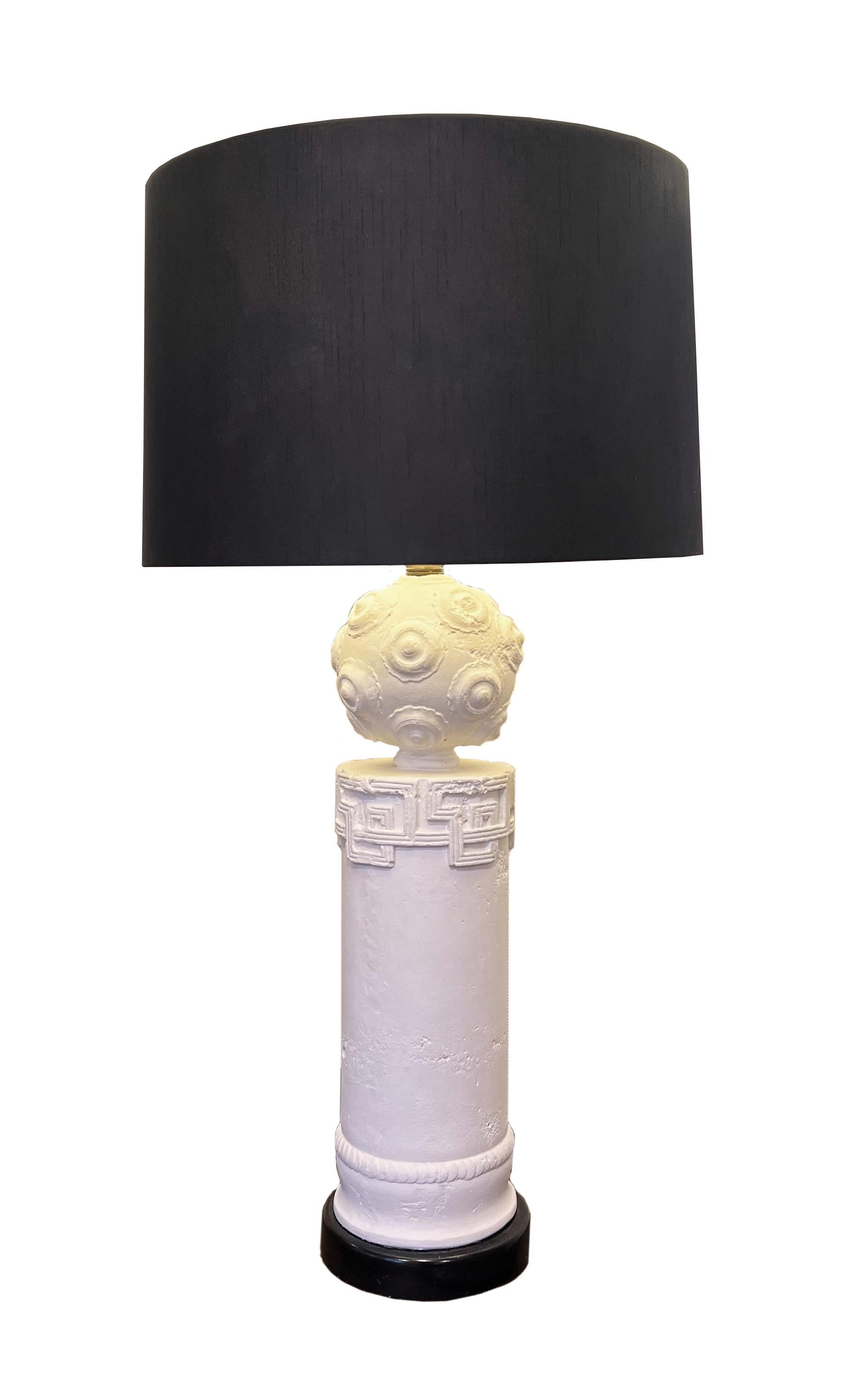 Pair of spectacular Mid-Century Modern table lamps. Hand-made plaster base with wood plinth & black silk shade.