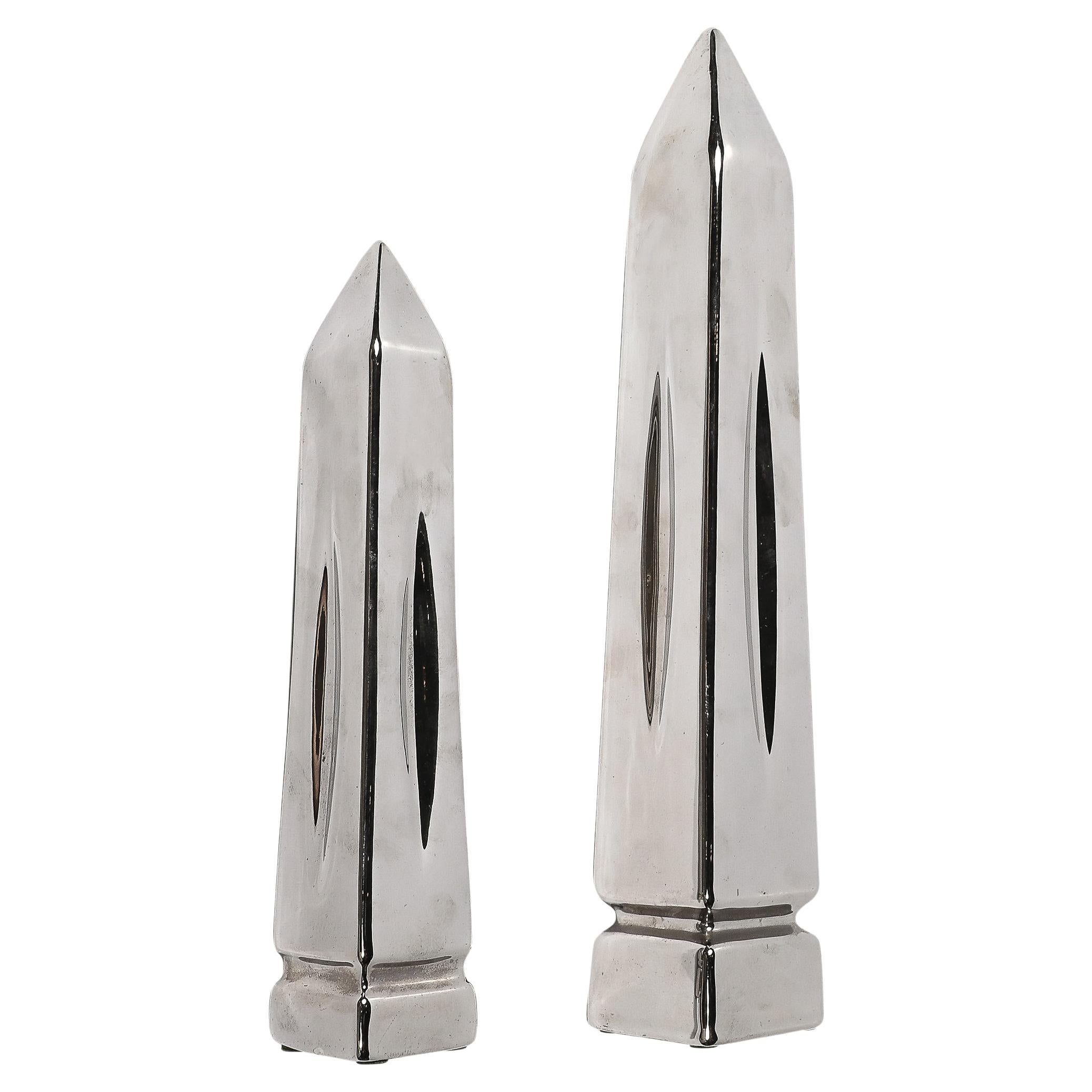 Pair of Mid-Century Modern Platinum Plated Obelisk Sculptures Signed Jaru