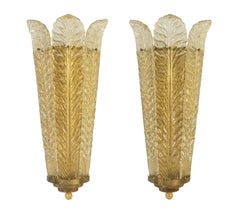 Pair of Mid-Century Modern Plume Design Gold Italian Murano Glass Wall Lights