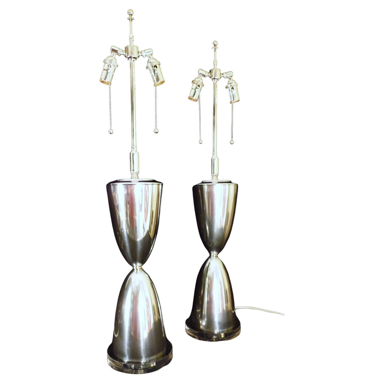 Pair of Mid-Century Modern Polished Aluminum & Lucite Architectural Table Lamps