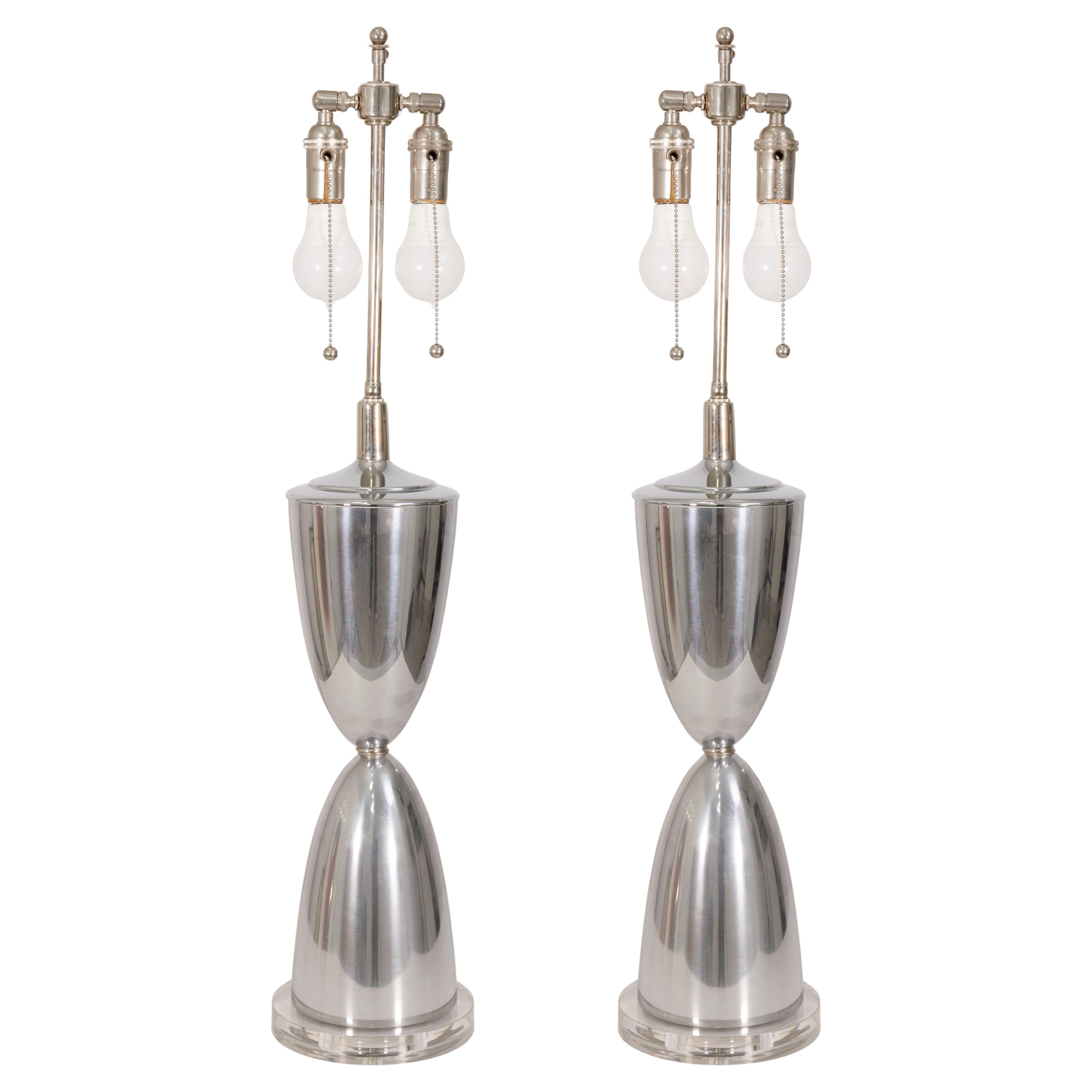 Pair Of Mid Century Modern Polished Aluminum Table Lamps On Lucite Bases