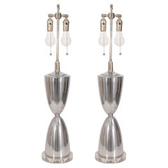 Pair Of Mid Century Modern Polished Aluminum Table Lamps On Lucite Bases