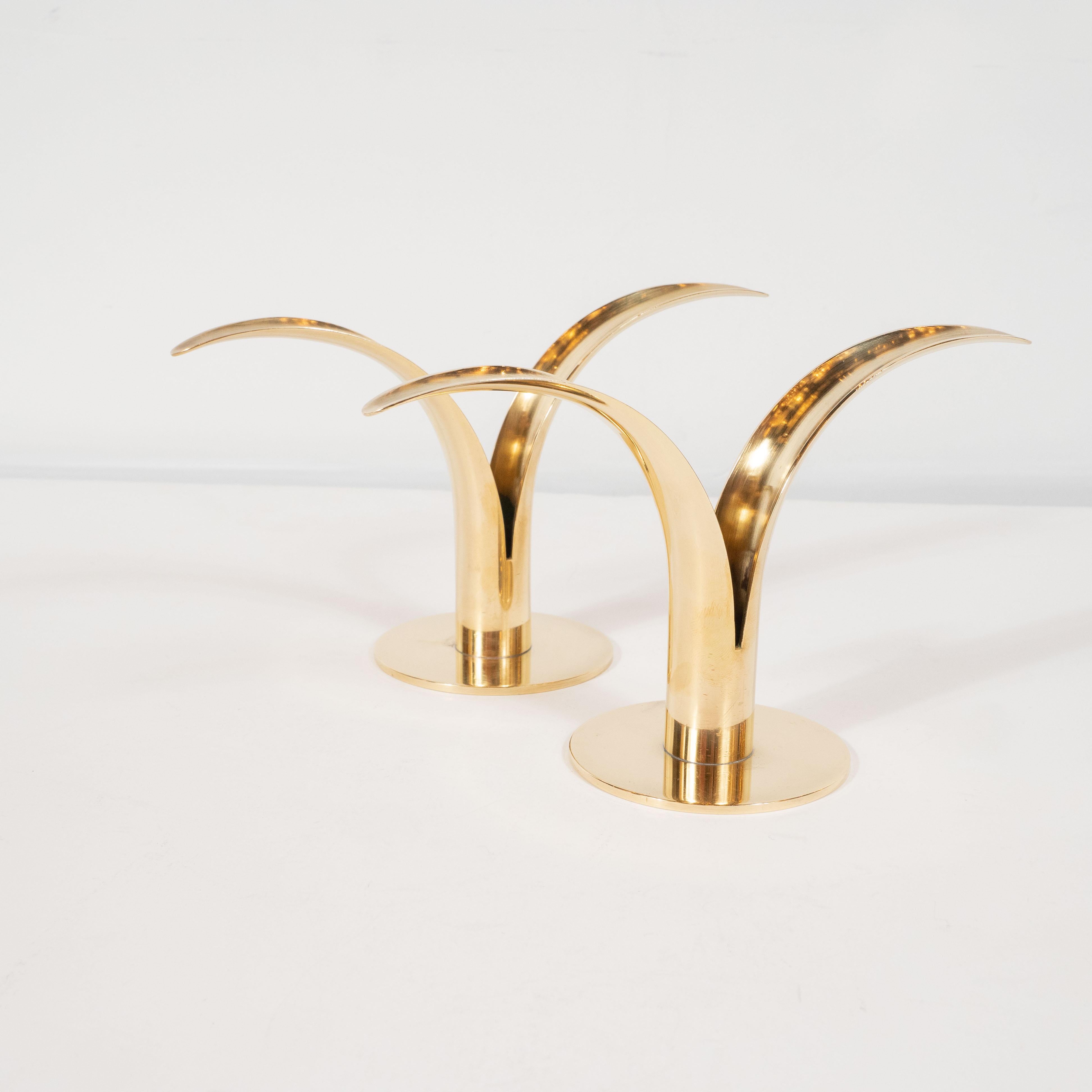 Pair of Mid-Century Modern Polished Brass Lily Candleholders by Konst of Sweden In Excellent Condition For Sale In New York, NY