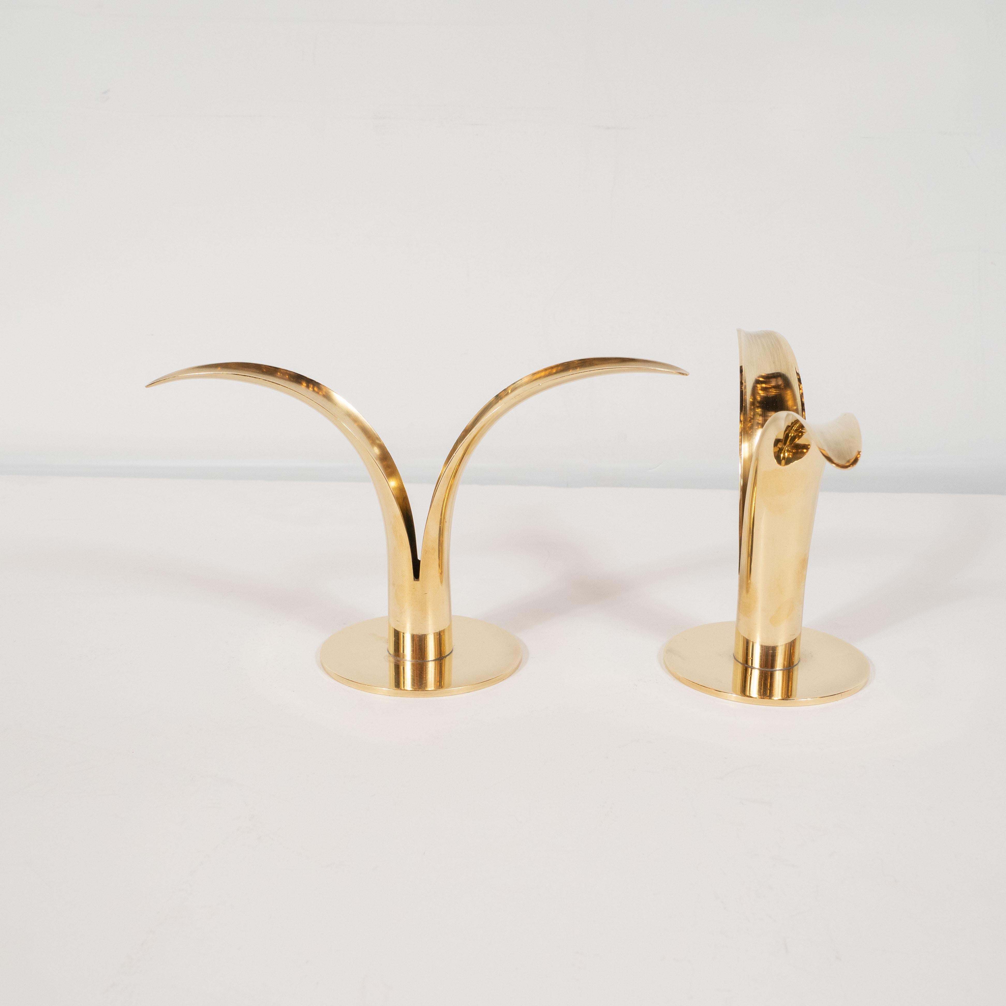 Mid-20th Century Pair of Mid-Century Modern Polished Brass Lily Candleholders by Konst of Sweden For Sale