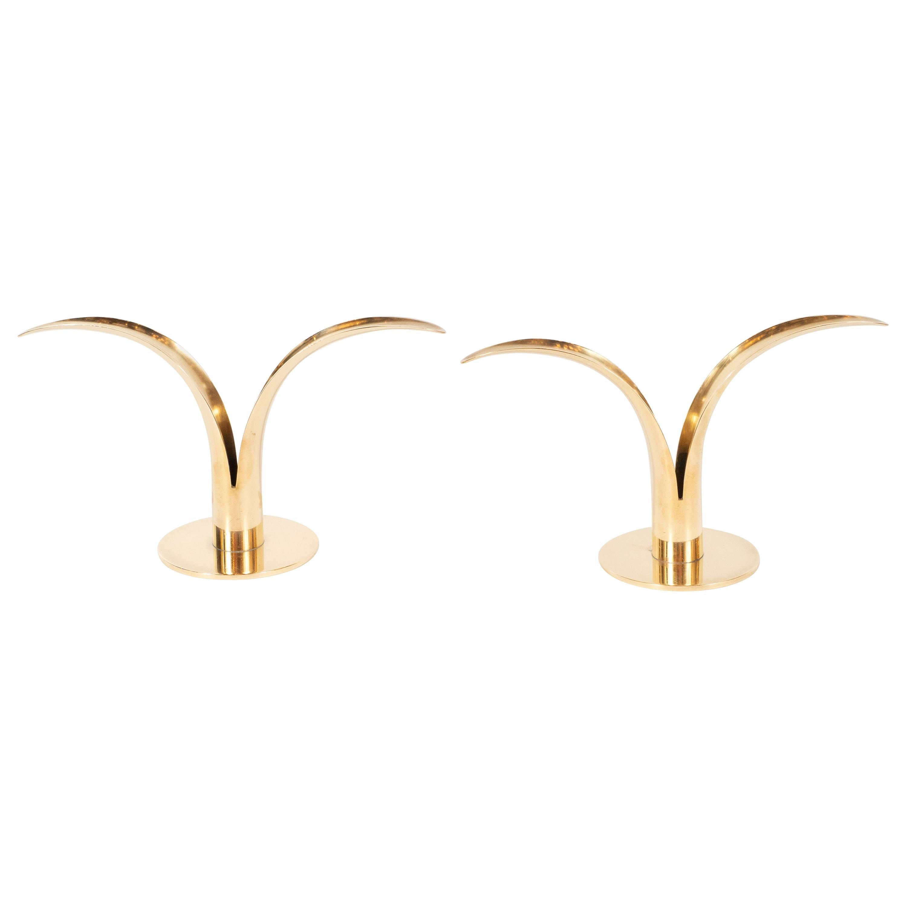 Pair of Mid-Century Modern Polished Brass Lily Candleholders by Konst of Sweden