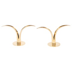 Pair of Mid-Century Modern Polished Brass Lily Candleholders by Konst of Sweden