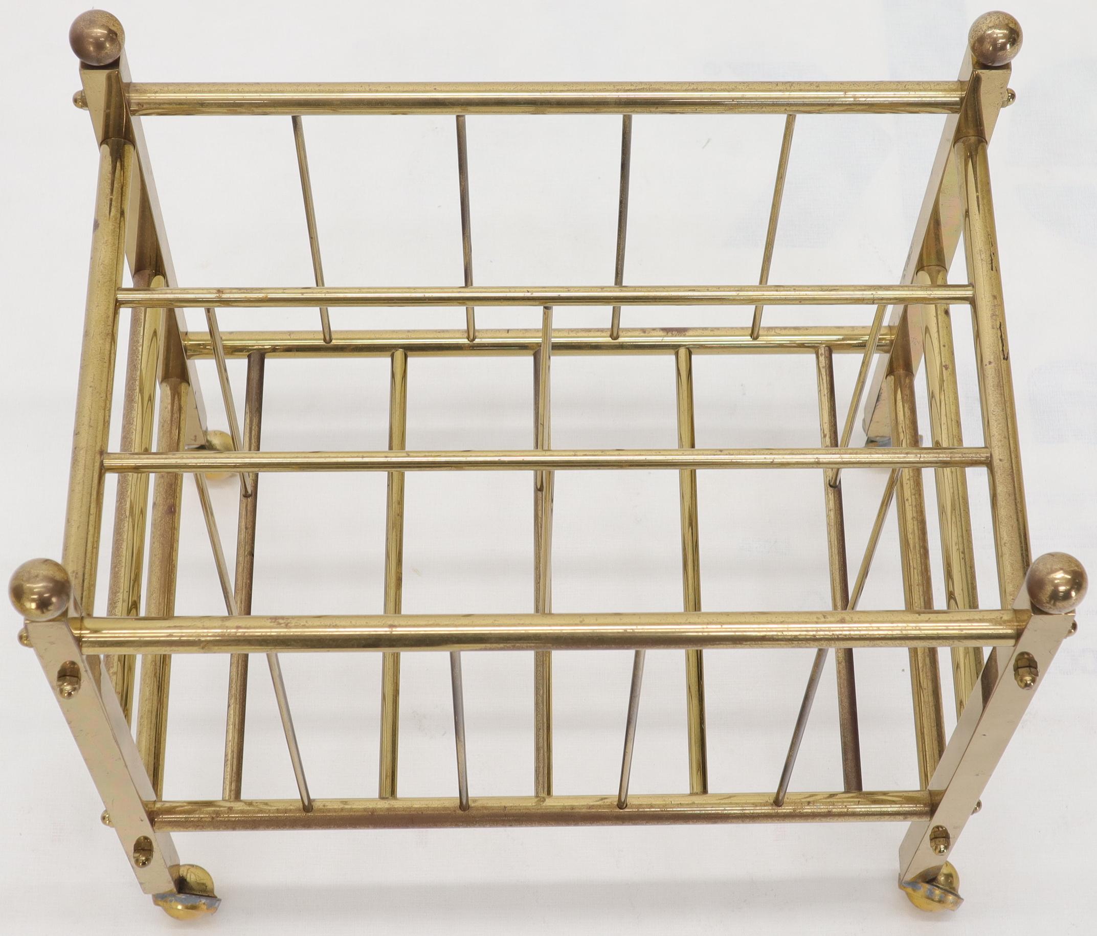 Pair of Mid-Century Modern Polished Brass Magazine Racks on Metal Casters For Sale 3