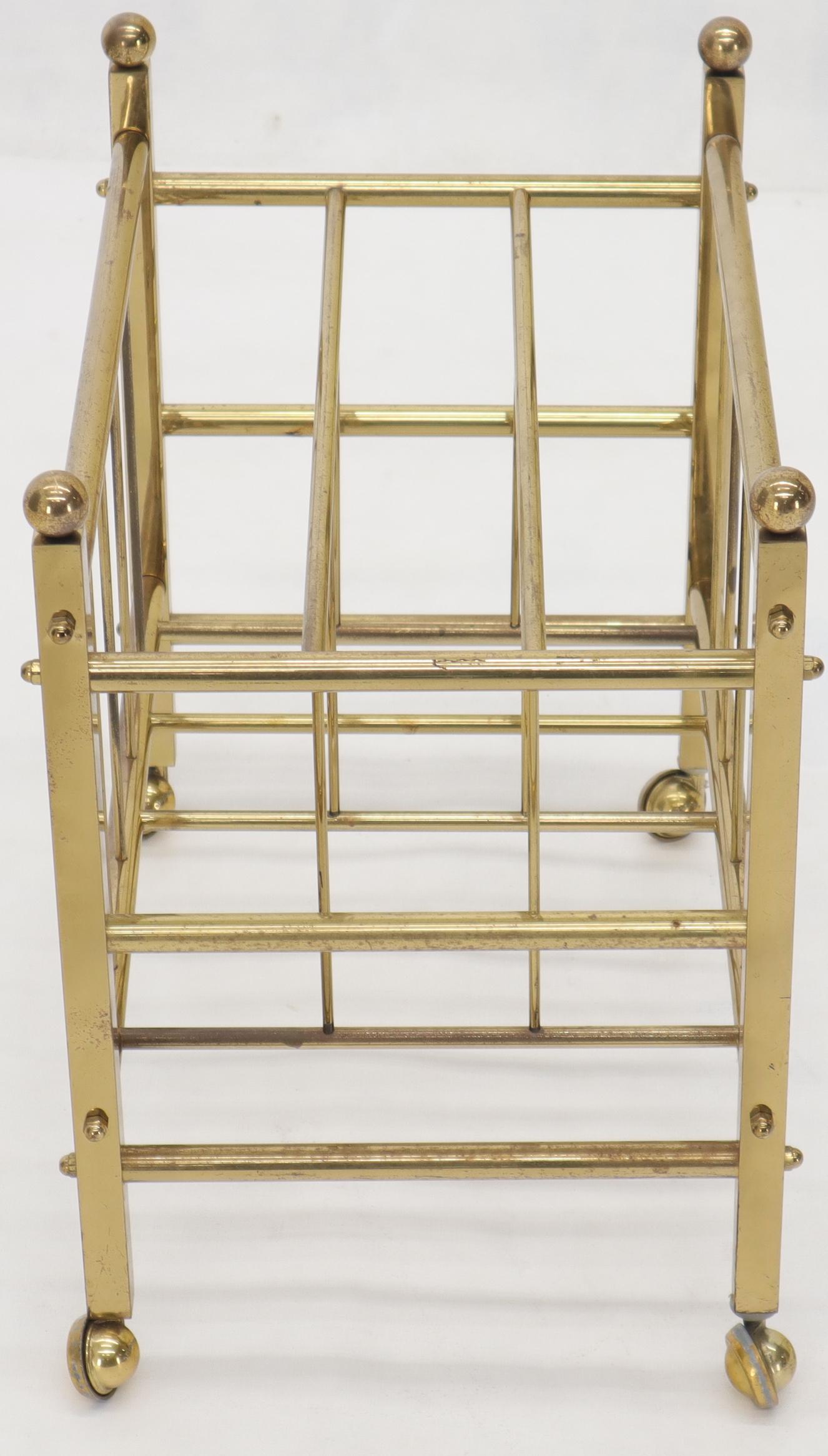Pair of Mid-Century Modern Polished Brass Magazine Racks on Metal Casters For Sale 7