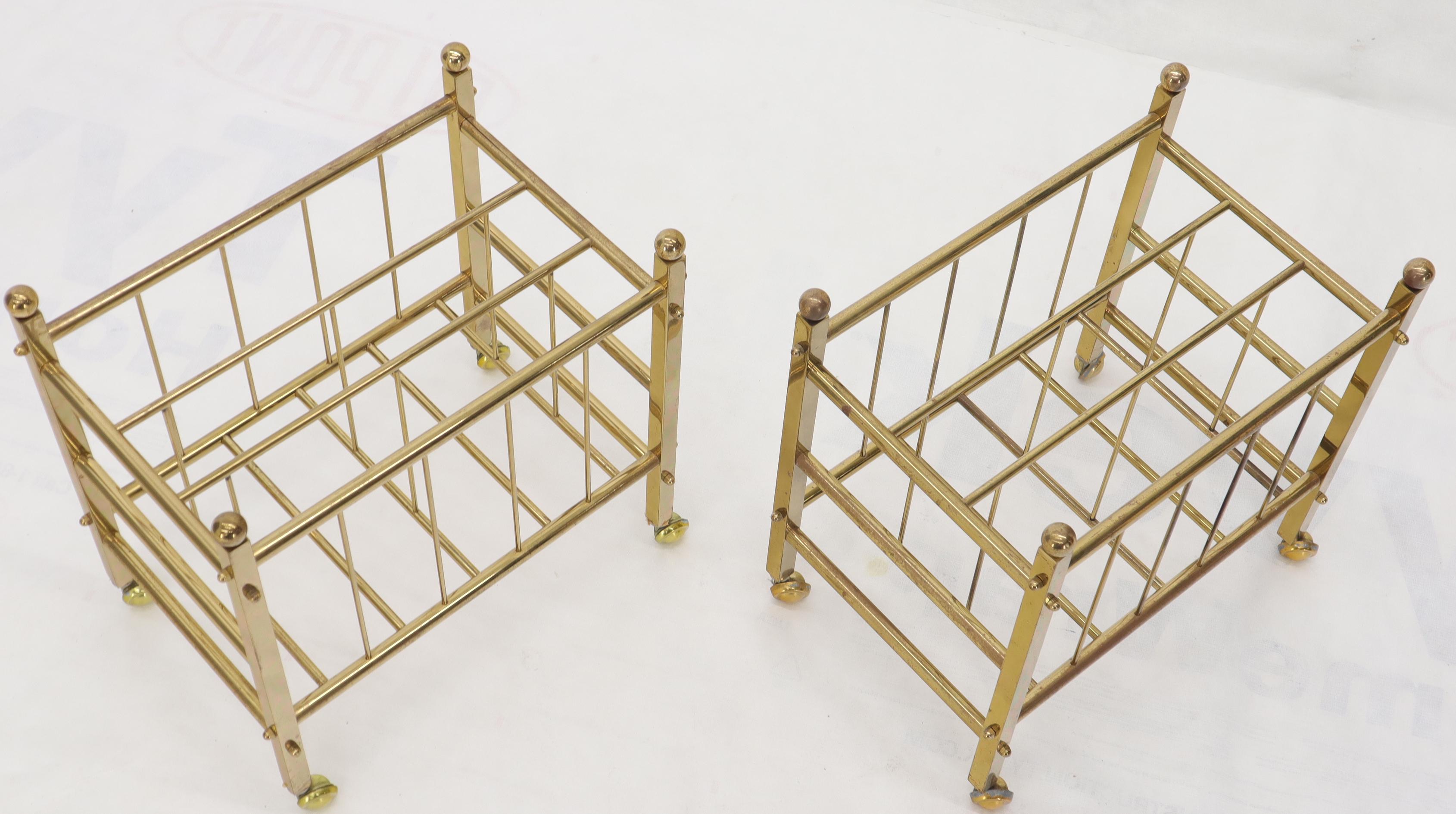 Pair of Mid-Century Modern Polished Brass Magazine Racks on Metal Casters In Good Condition For Sale In Rockaway, NJ