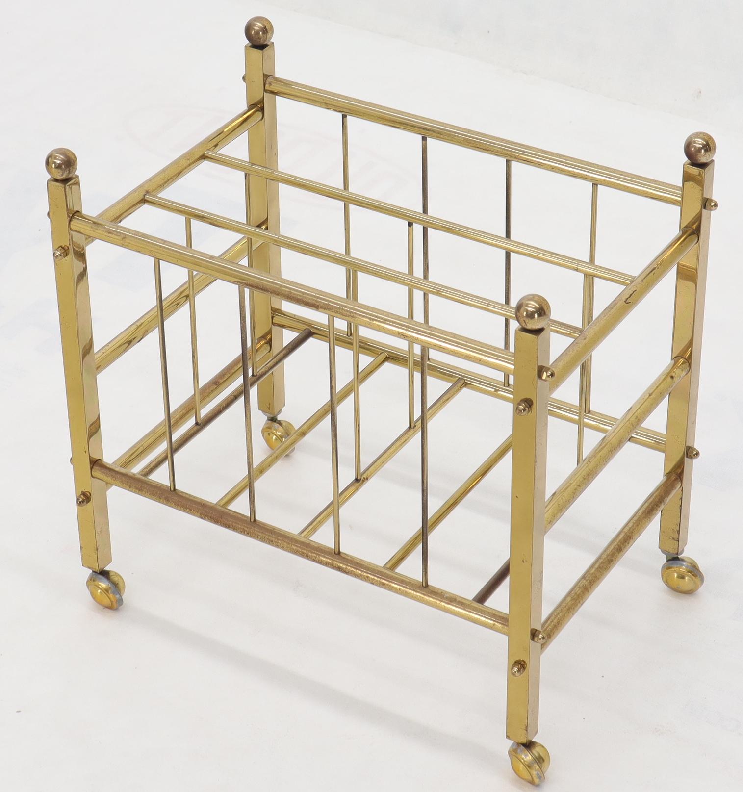 20th Century Pair of Mid-Century Modern Polished Brass Magazine Racks on Metal Casters For Sale
