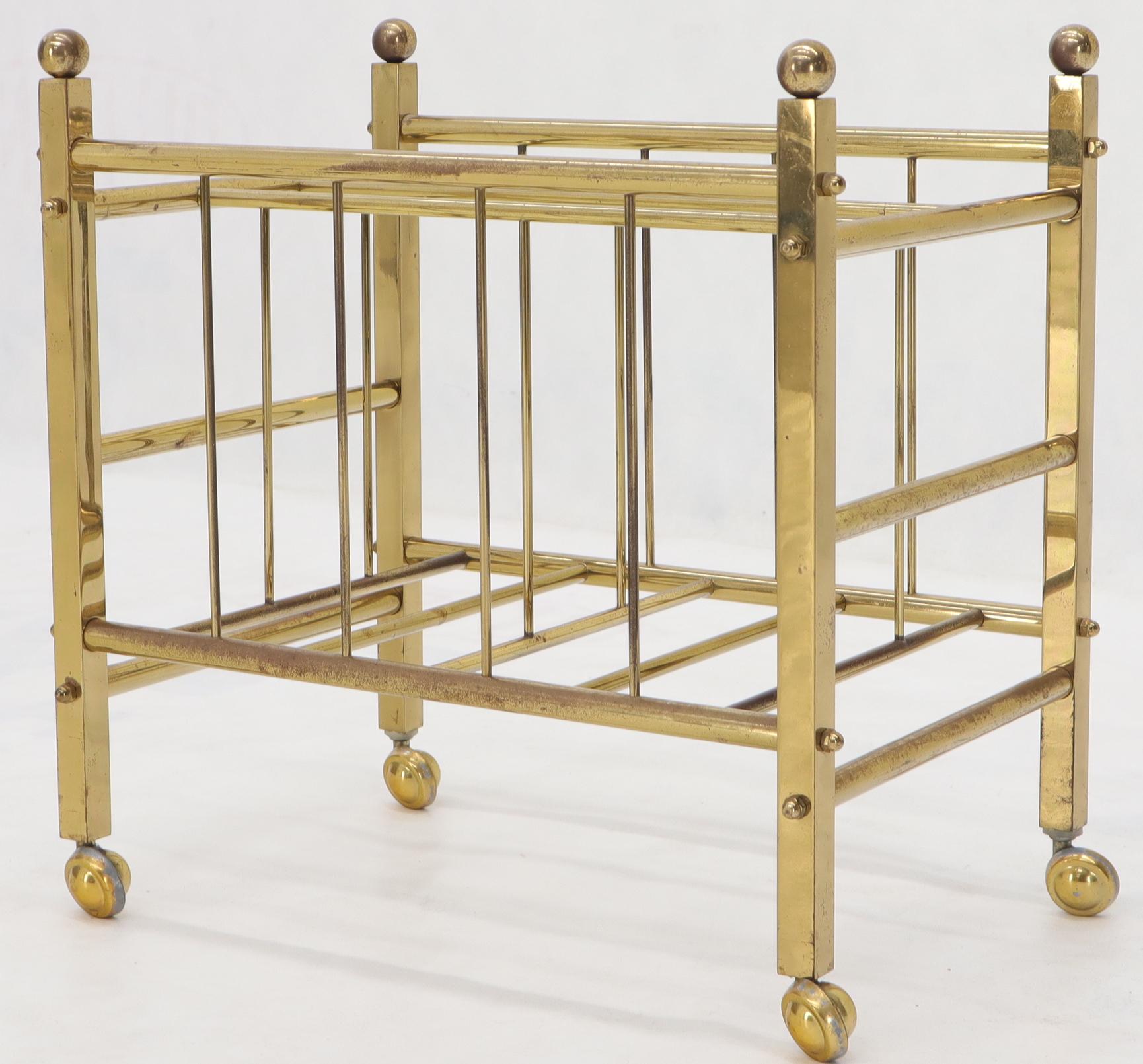 Pair of Mid-Century Modern Polished Brass Magazine Racks on Metal Casters For Sale 1