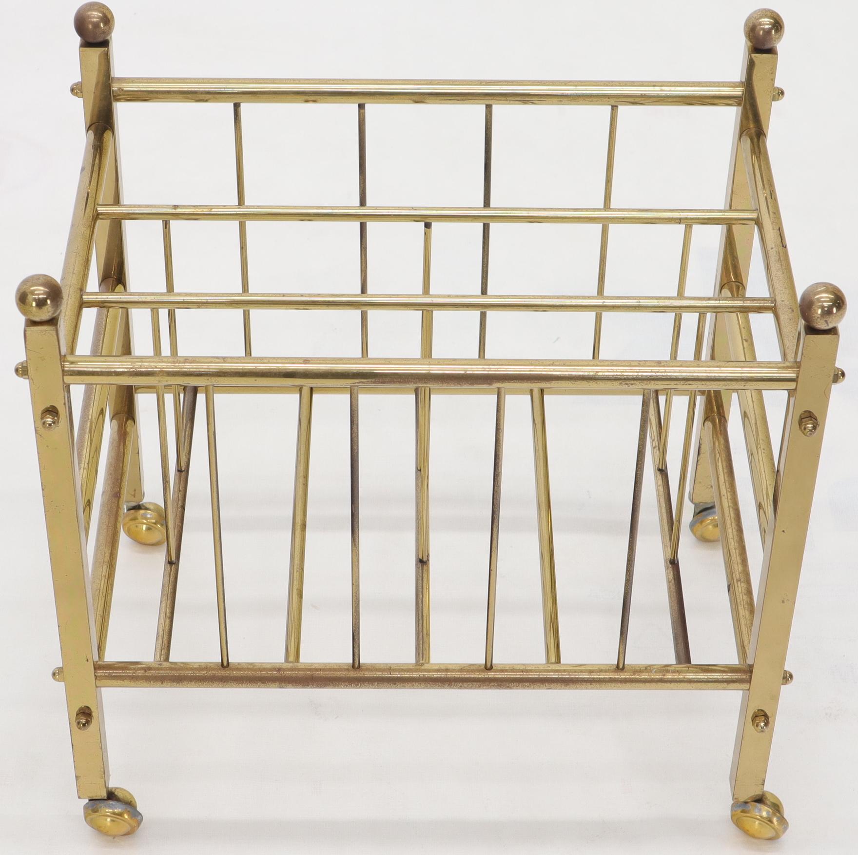 Pair of Mid-Century Modern Polished Brass Magazine Racks on Metal Casters For Sale 2