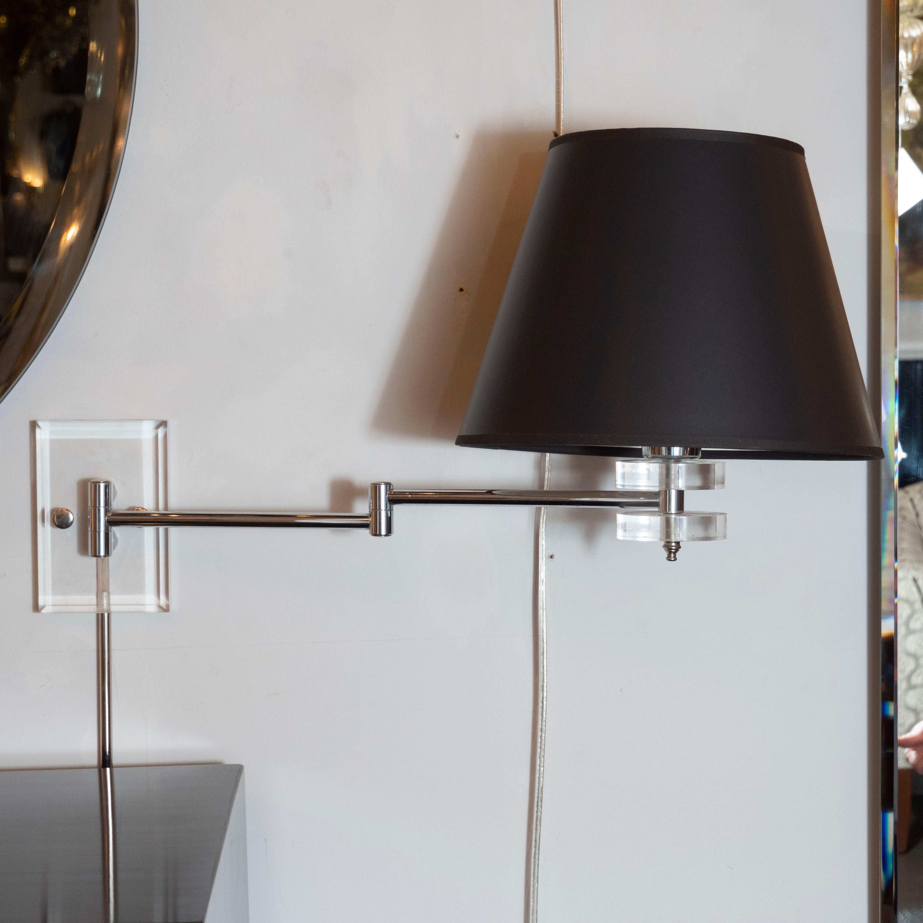 Pair of Mid-Century Modern Polished Chrome and Lucite Swing Arm Sconces In Excellent Condition In New York, NY