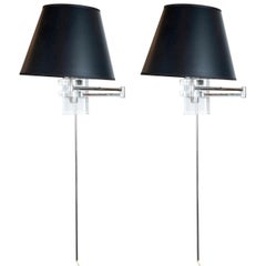 Pair of Mid-Century Modern Polished Chrome and Lucite Swing Arm Sconces