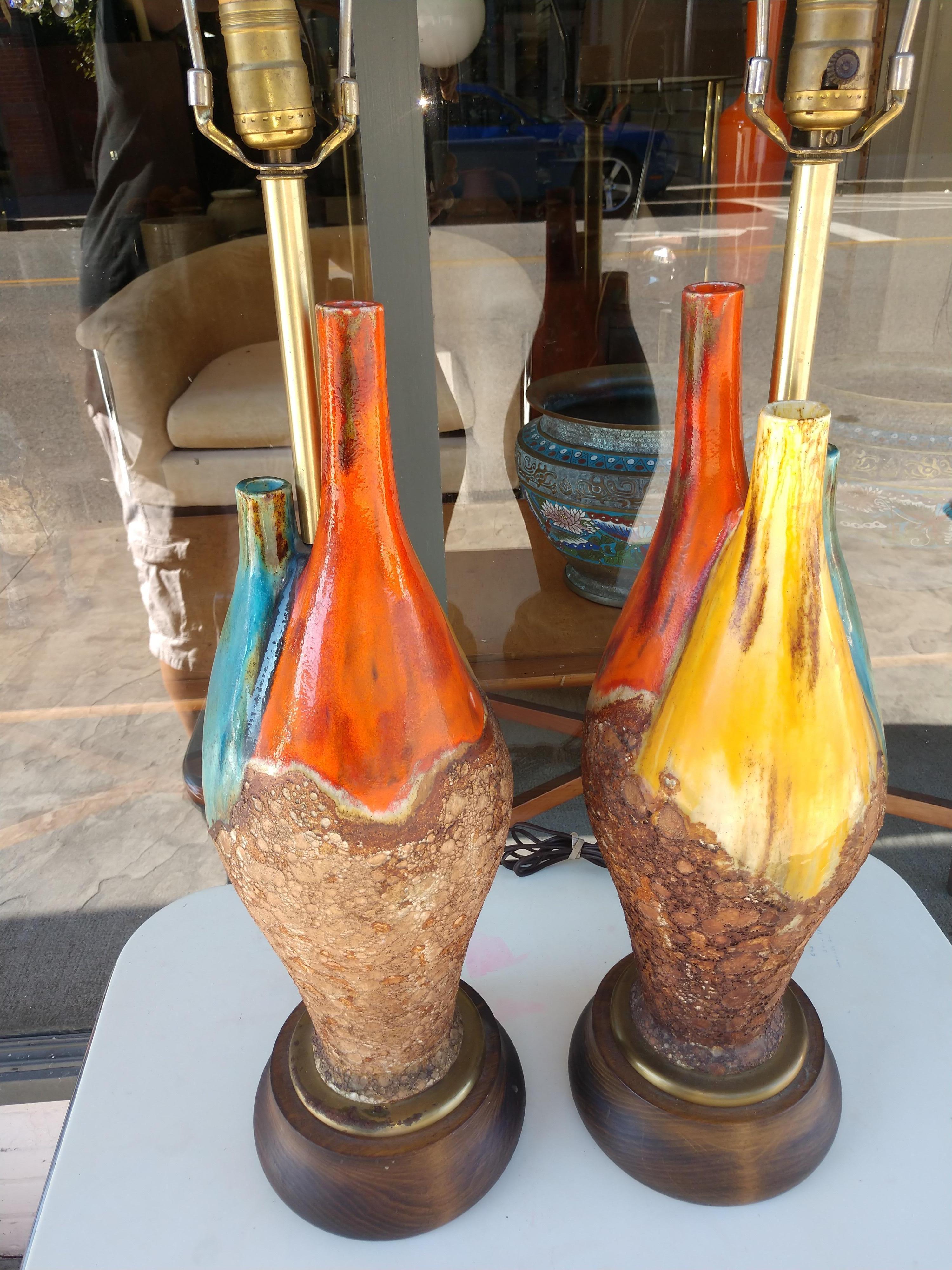Italian Pair of Mid-Century Modern Pottery Lamps in a TRI Bottle Form