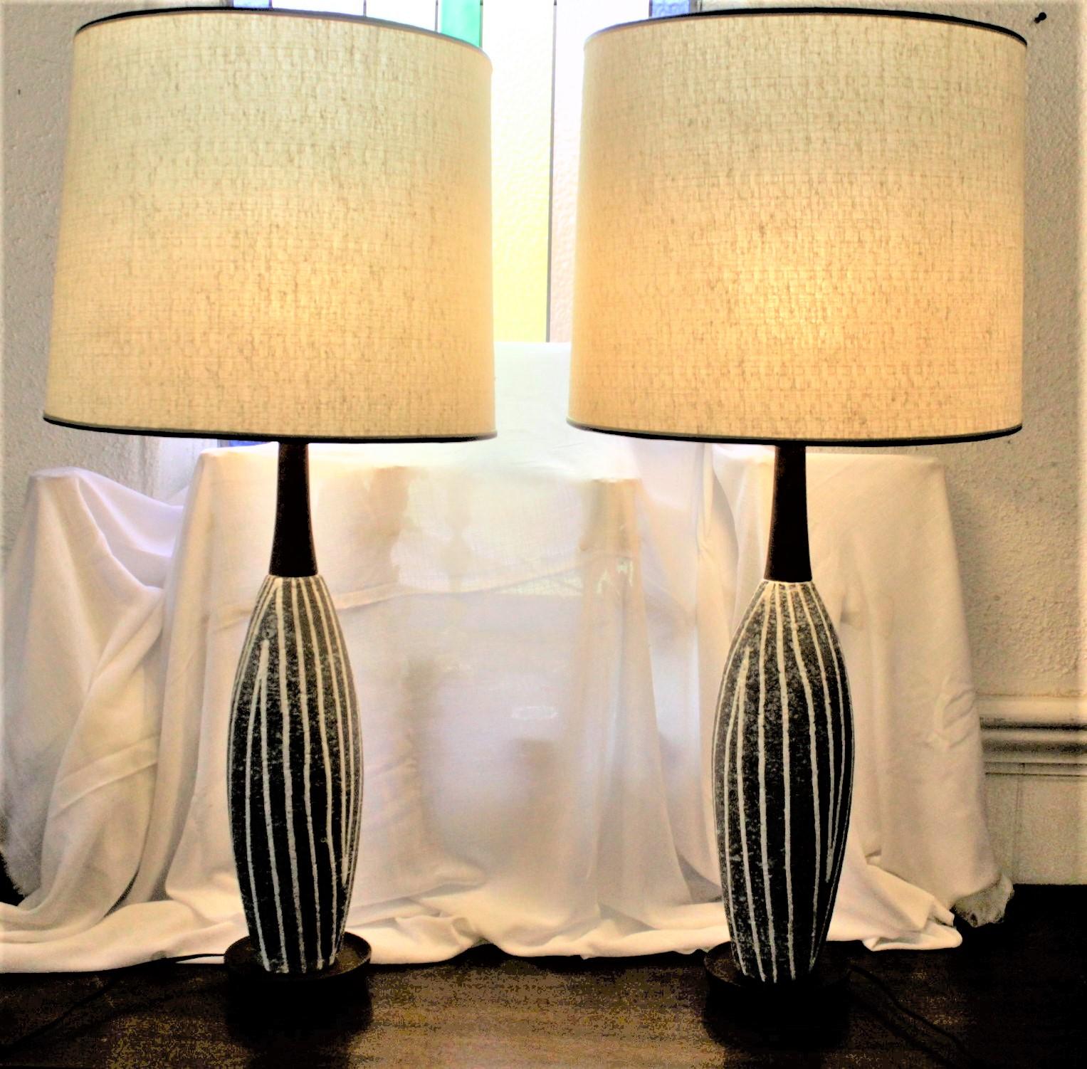 Swedish Pair of Upsala Ekeby Mid-Century Modern Pottery Table Lamps & Original Shades For Sale