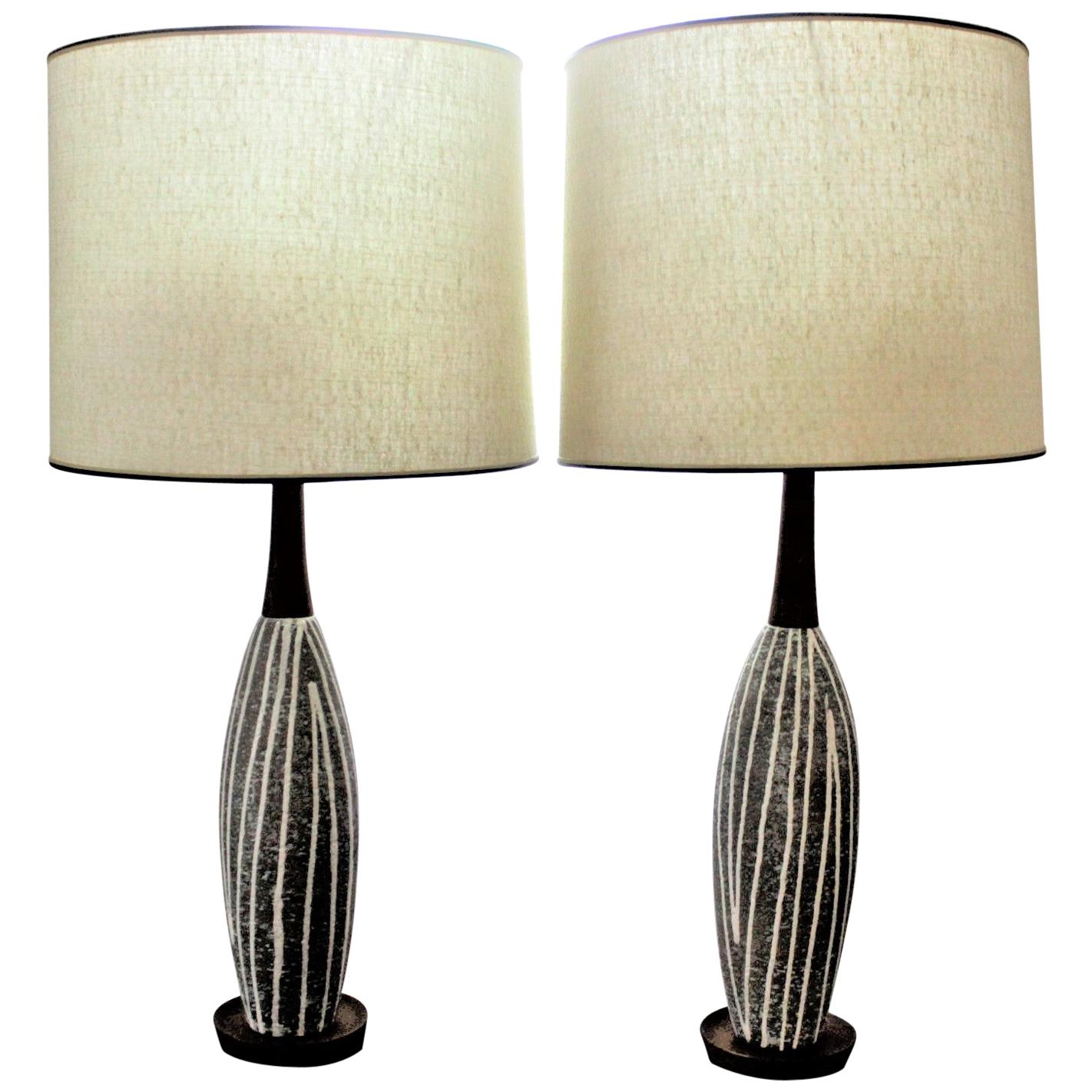 Pair of Upsala Ekeby Mid-Century Modern Pottery Table Lamps & Original Shades For Sale