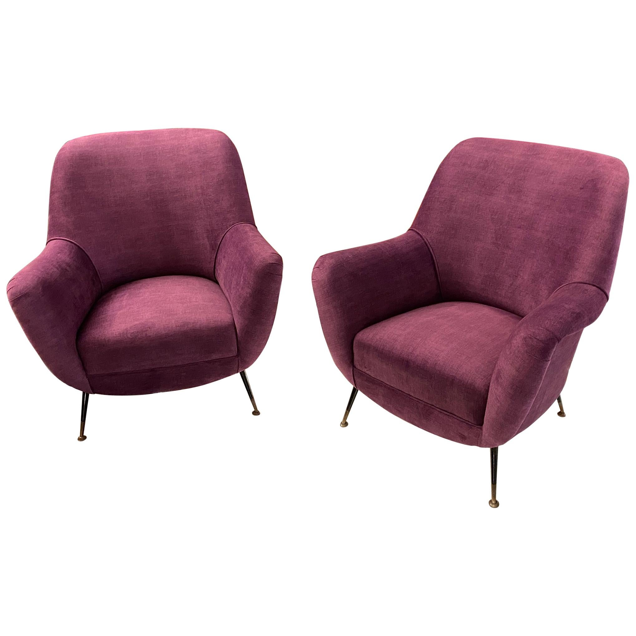 Pair of Mid-Century Modern Purple Velvet and Brass Italian Armchairs, circa 1960