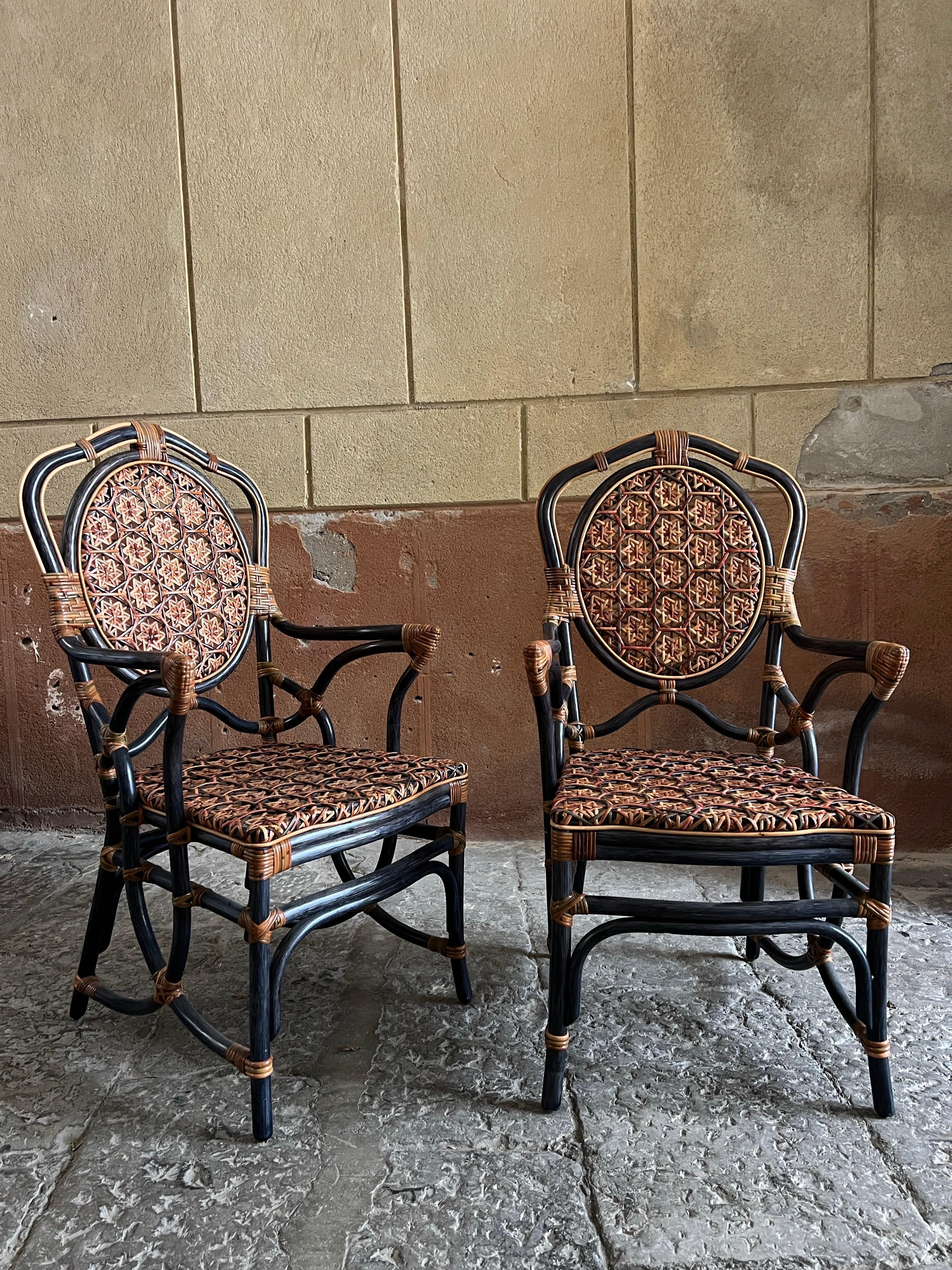 pair of mid-century modern rattan and cane chairs, Italy For Sale 8