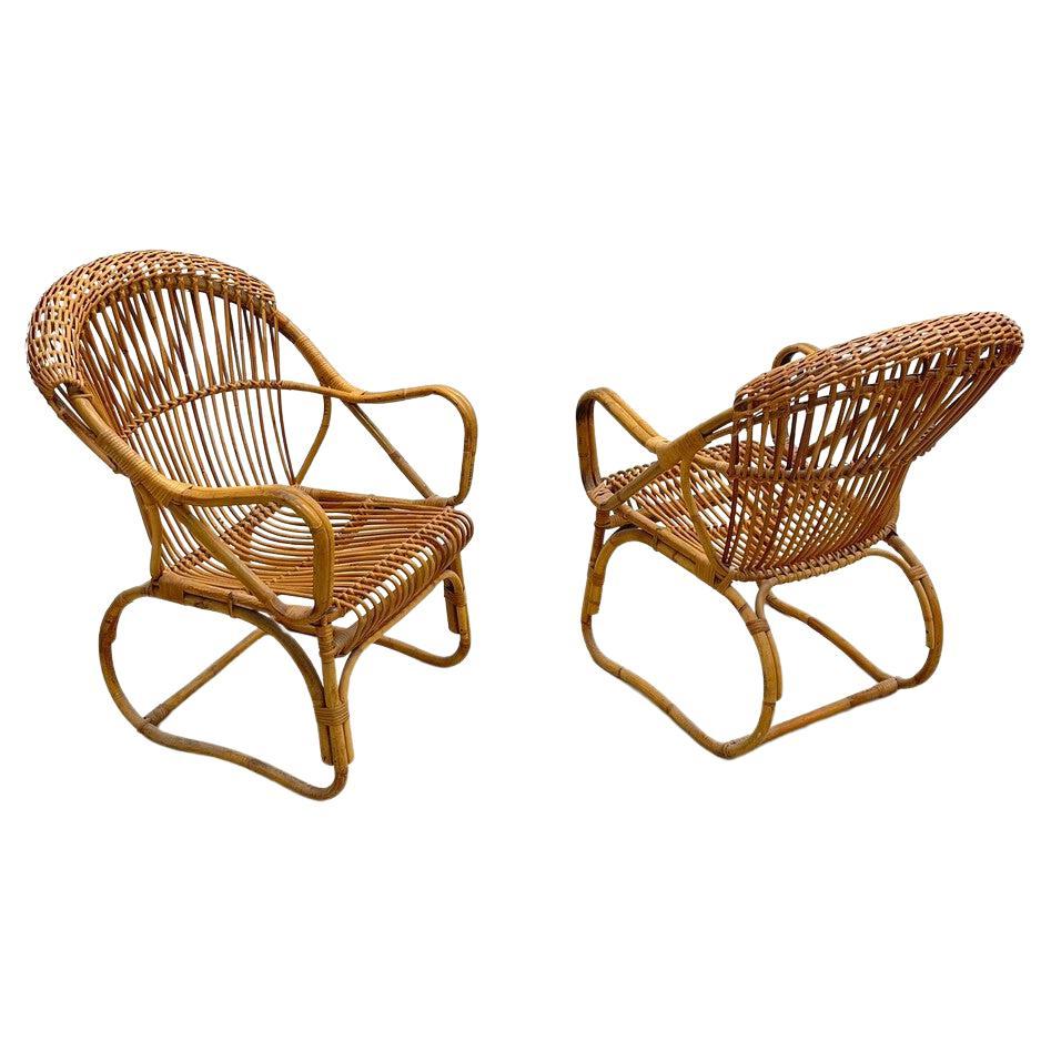 Pair of Mid-Century Modern Rattan Armchairs, Italy, 1960s For Sale