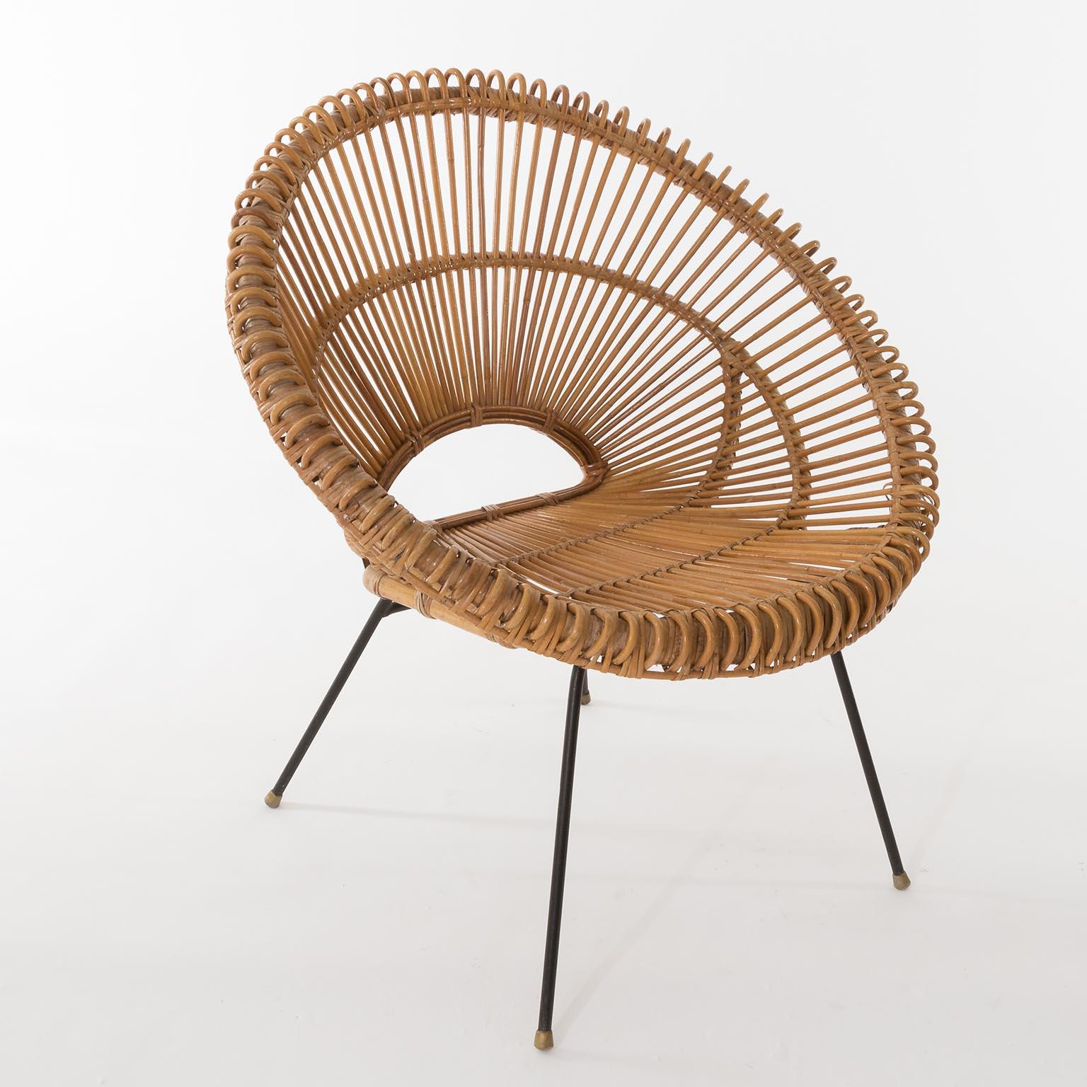 Métal Paire de chaises en rotin et bambou modernes du milieu du siècle dernier, Janine Abraham, Dirk Rol, années 1960 en vente