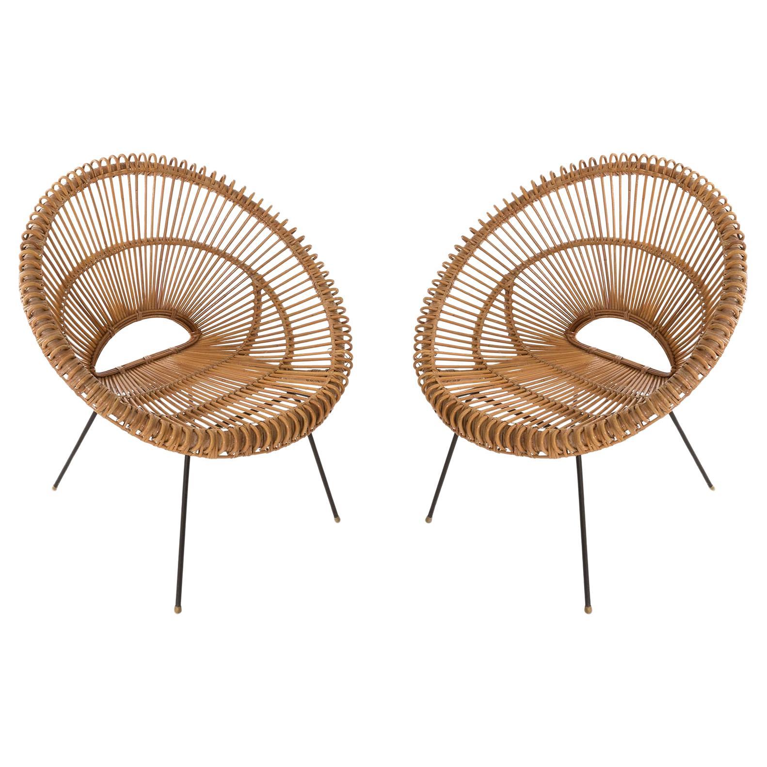 Paire de chaises en rotin et bambou modernes du milieu du siècle dernier, Janine Abraham, Dirk Rol, années 1960 en vente