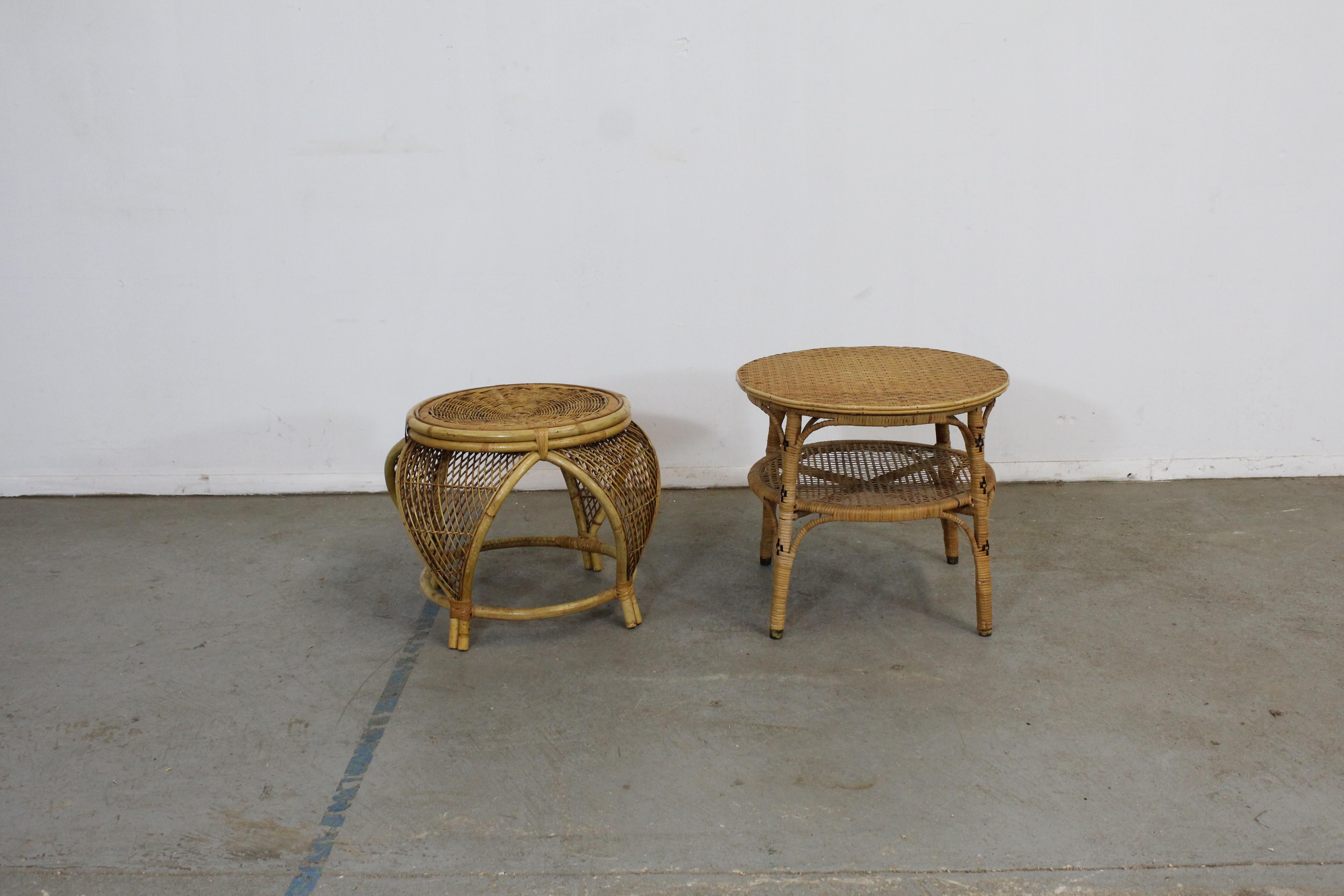 Pair of Mid-Century Modern rattan end tables

Offered is a pair of rattan end tables. This set has different dimensions and could make an excellent addition to any home. They are in good vintage condition. Shows minor surface scratches, age wear.