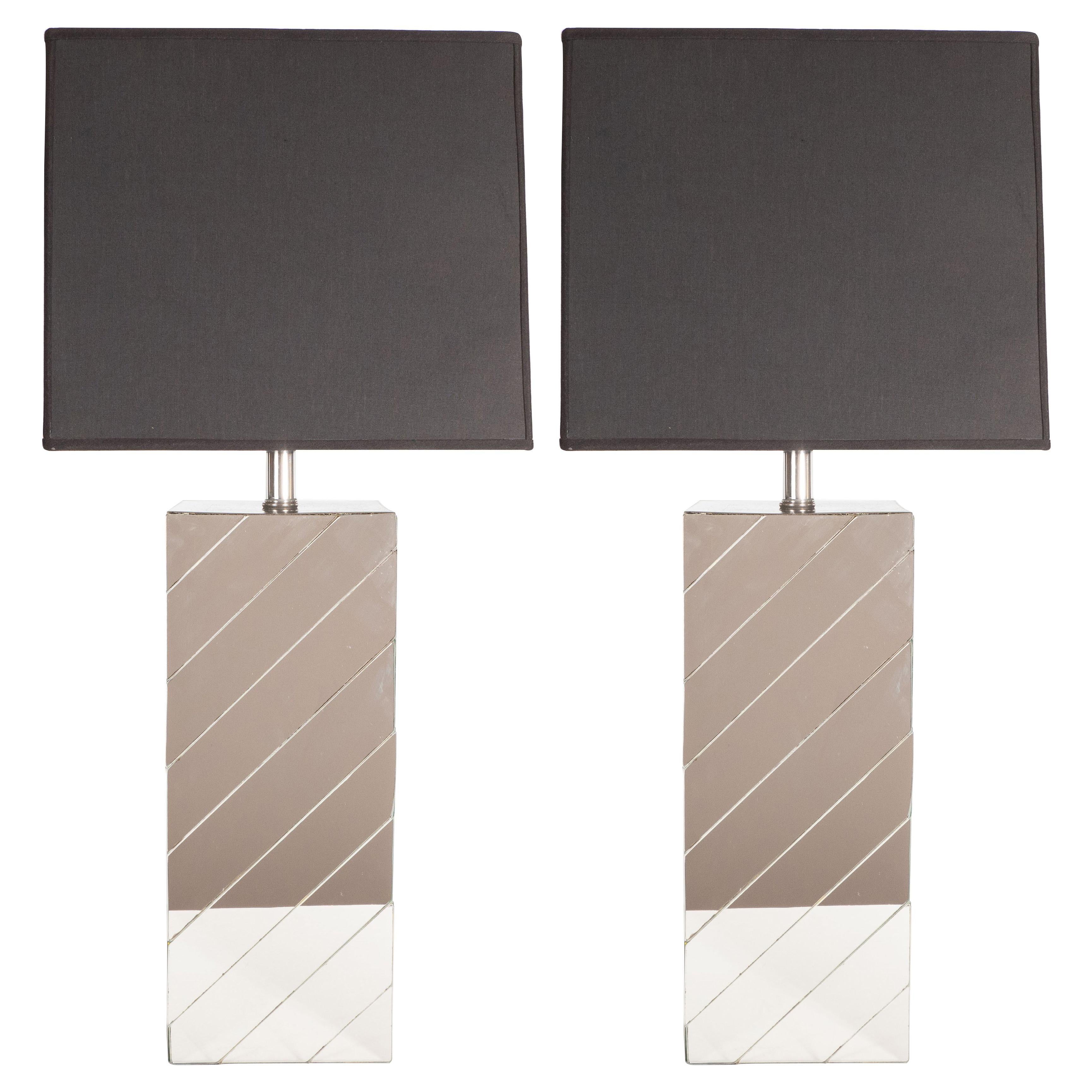 Pair of Mid-Century Modern Rectangular Mirrored Table Lamps with Nickel Fittings