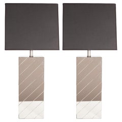 Pair of Mid-Century Modern Rectangular Mirrored Table Lamps with Nickel Fittings