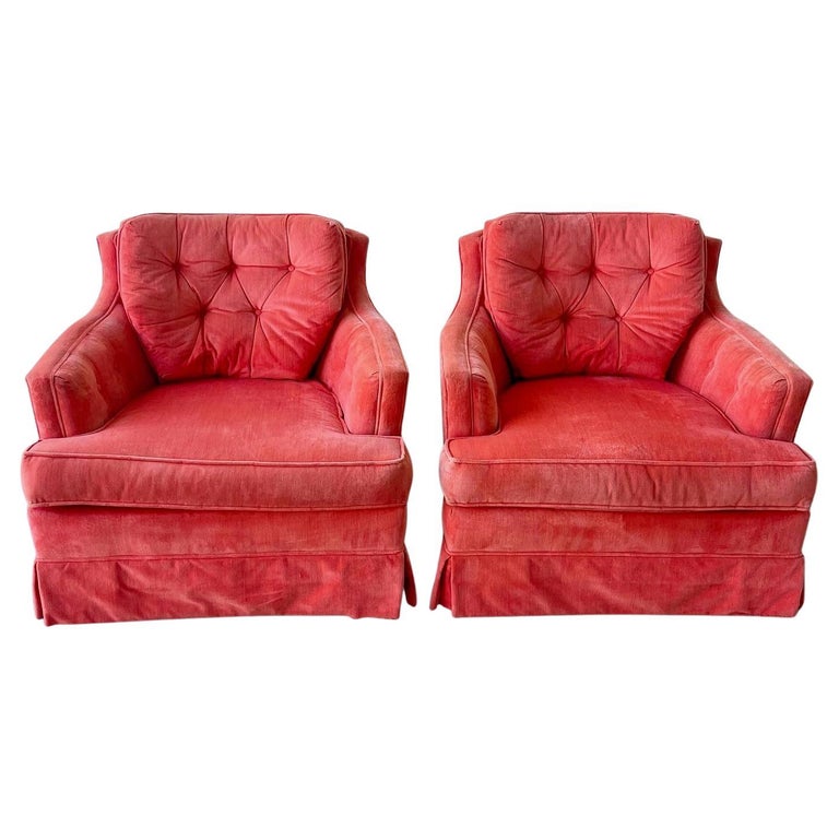 Pair of MidCentury Modern Red Tufted Fabric Swivel Chairs For Sale at