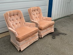 Pair of Mid-Century Modern Regency Velvet Tufted Back Swivel Club Chairs