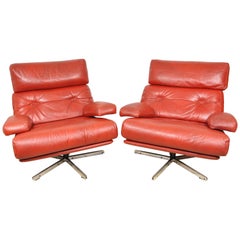Pair of Mid-Century Modern Retro Chairs Red Leather and Chrome