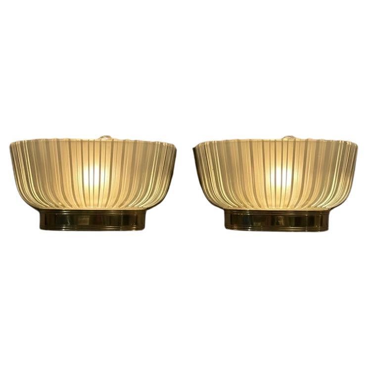 Pair of Mid-Century Modern Ribbed Frosted Glass and Brass Wall Sconces