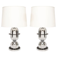Pair of Mid-Century Modern Ringed Polished Chrome and Black Resin Table Lamps