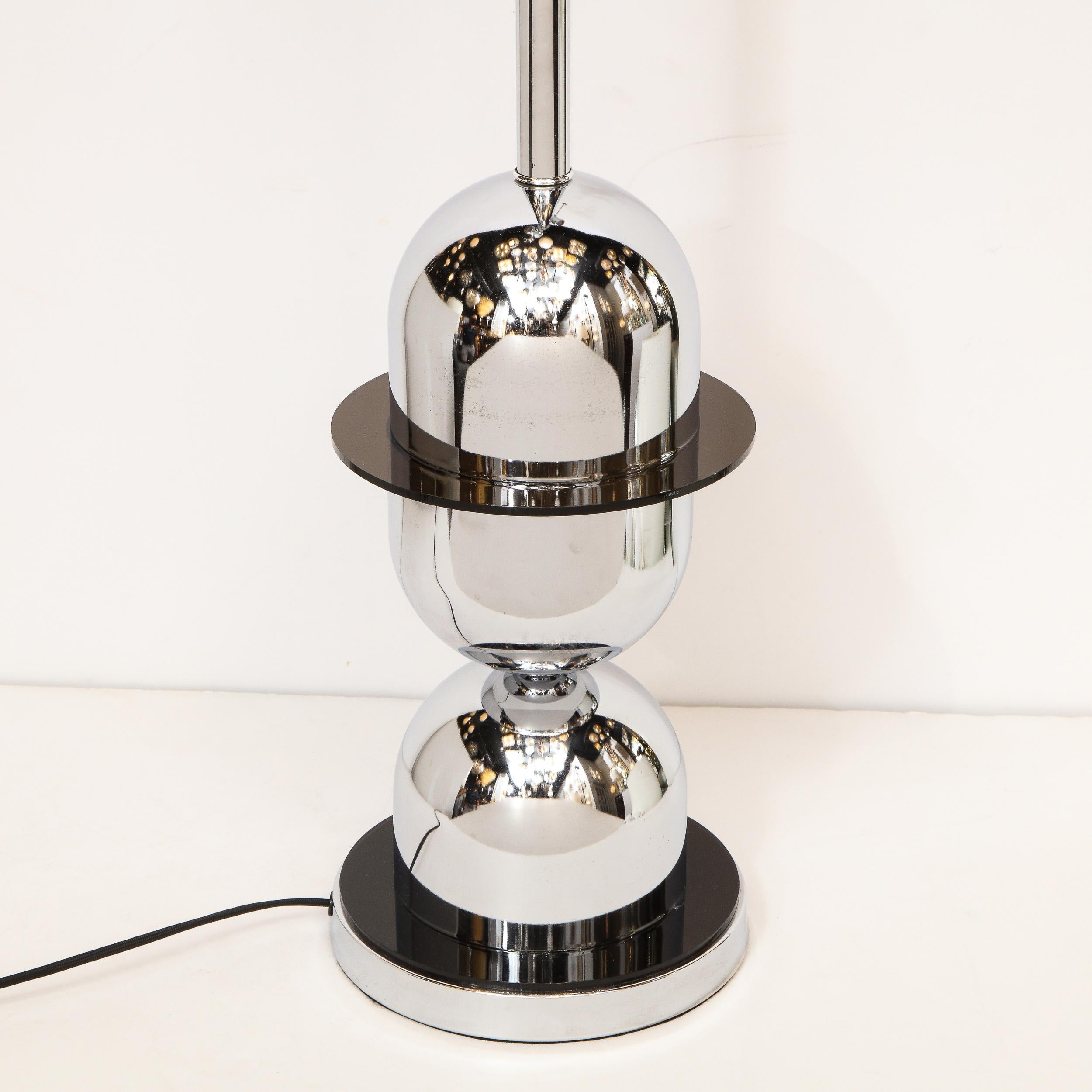 Pair of Mid-Century Modern Ringed Polished Chrome and Black Resin Table Lamps 7