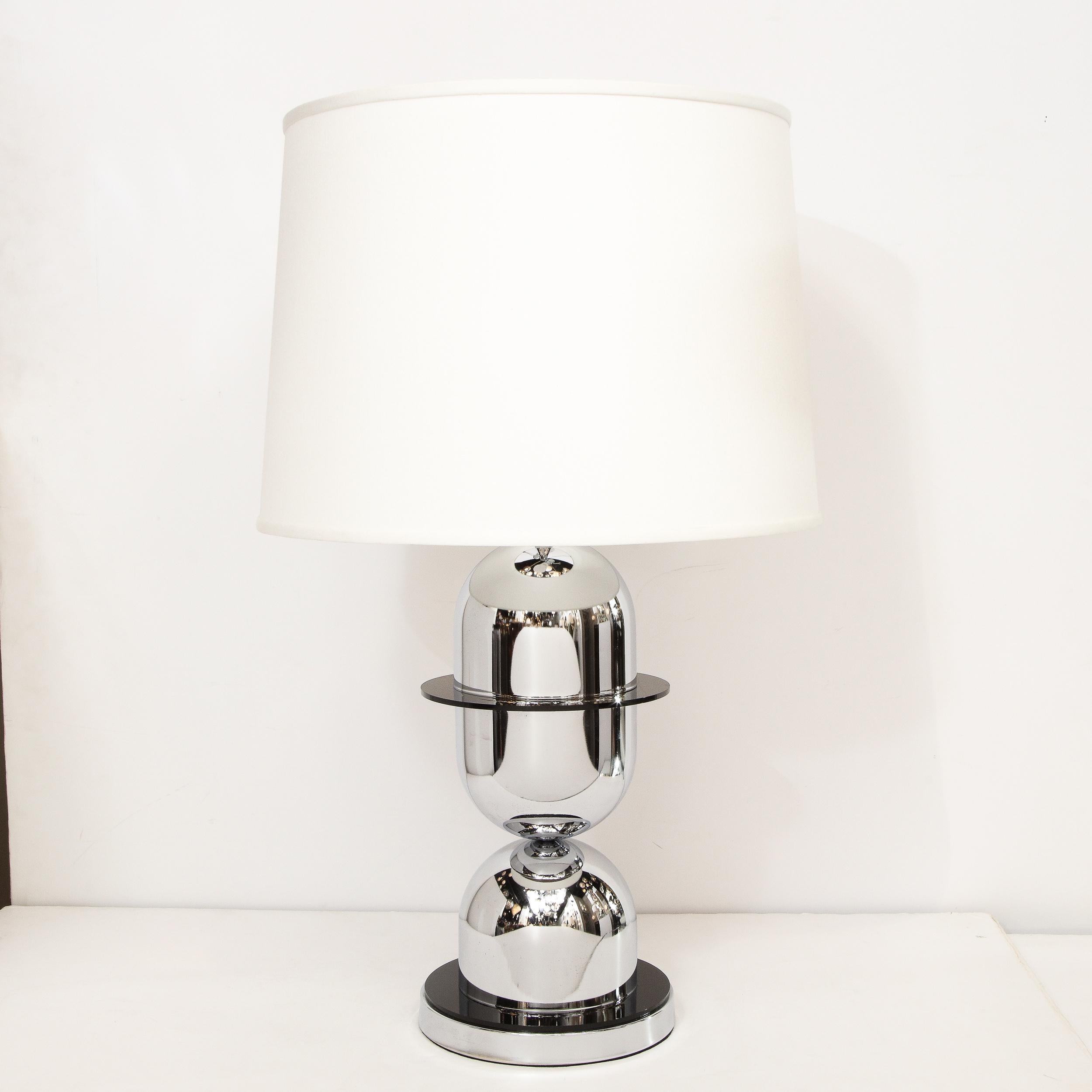 American Pair of Mid-Century Modern Ringed Polished Chrome and Black Resin Table Lamps