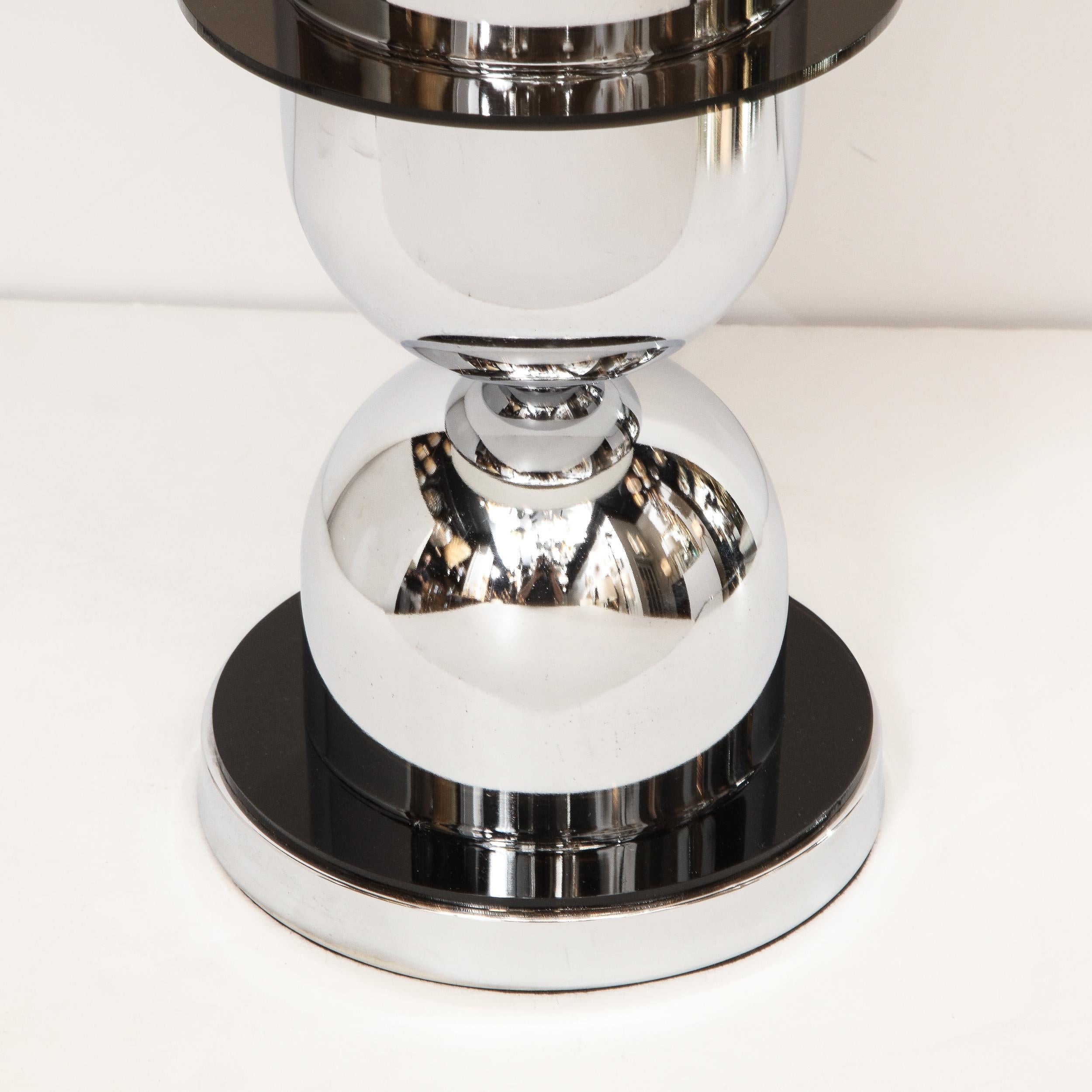 Late 20th Century Pair of Mid-Century Modern Ringed Polished Chrome and Black Resin Table Lamps