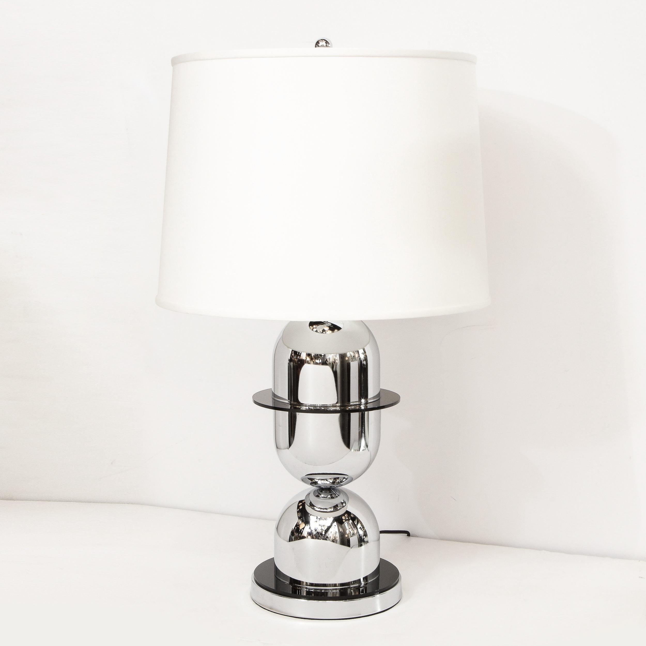 Pair of Mid-Century Modern Ringed Polished Chrome and Black Resin Table Lamps 1