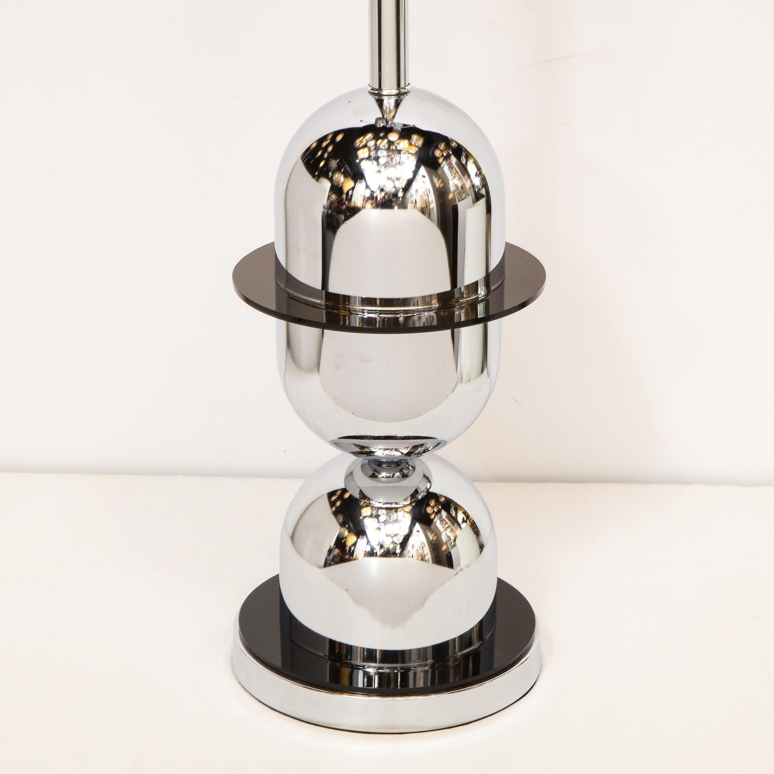 Pair of Mid-Century Modern Ringed Polished Chrome and Black Resin Table Lamps 3