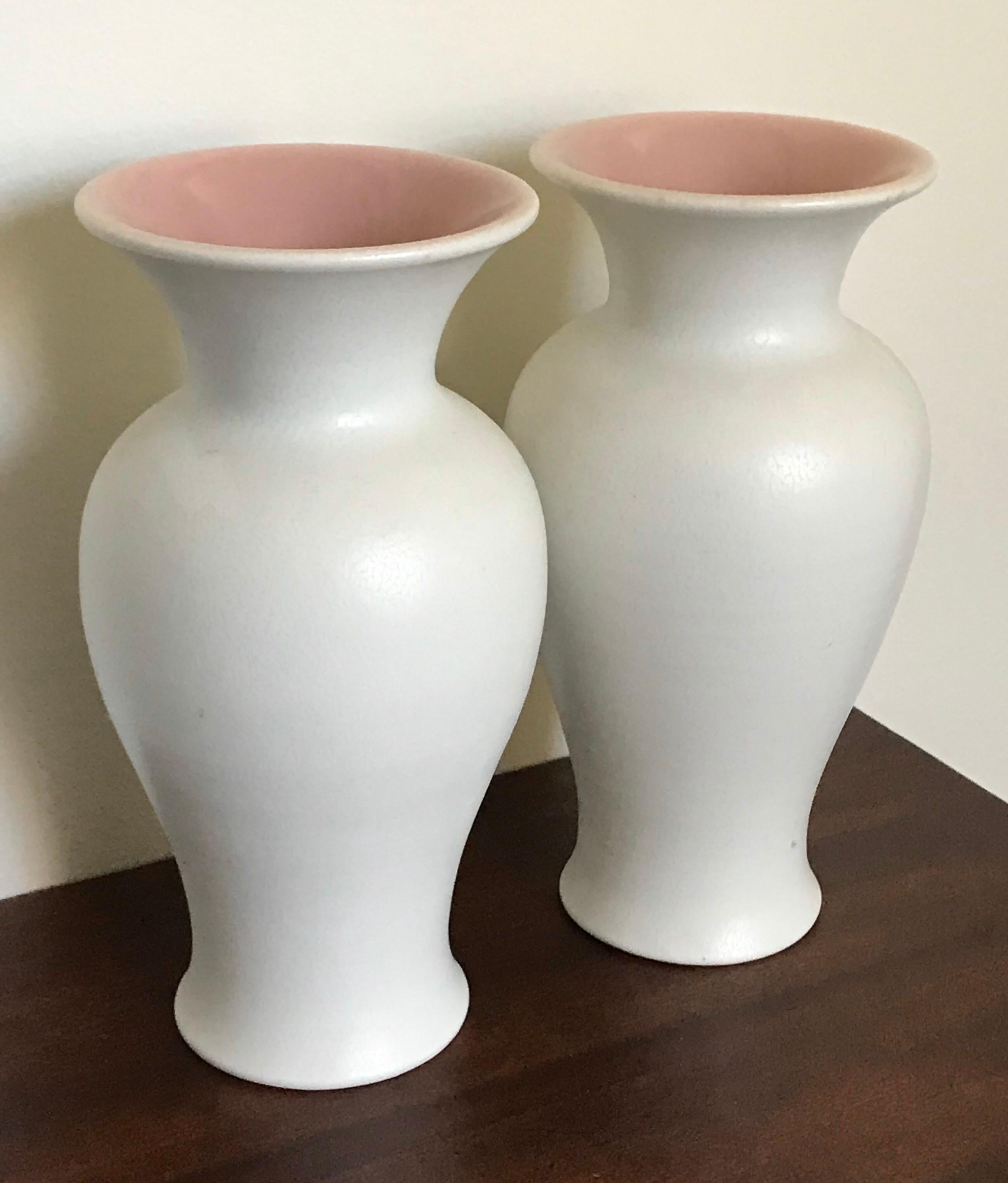 Beautiful pair of pearl white vases with subtle light pink insides by Rookwood Pottery Company, 1927, hallmarked.