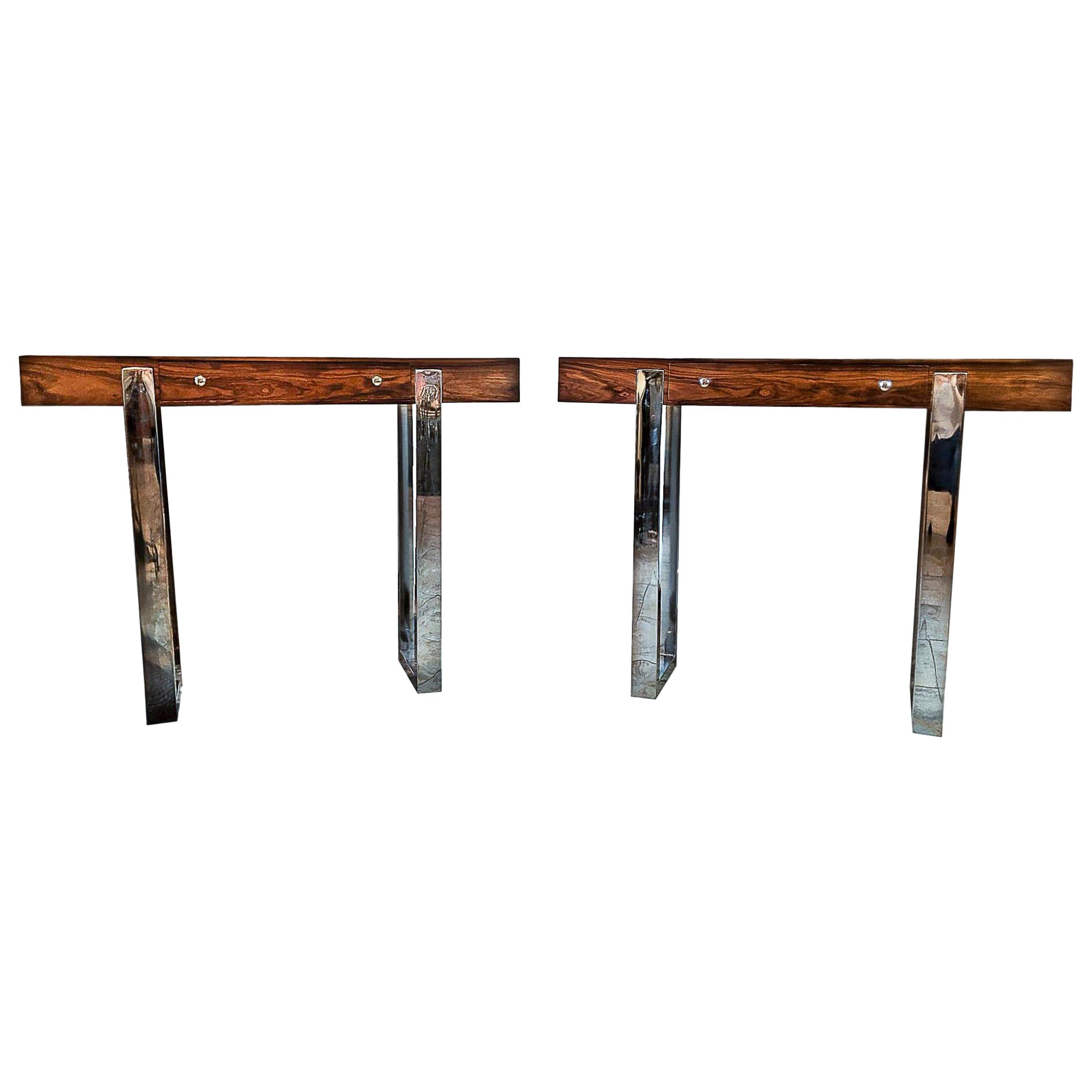 Pair of Mid-Century Modern Rosewood and Chrome Console Tables, Italian