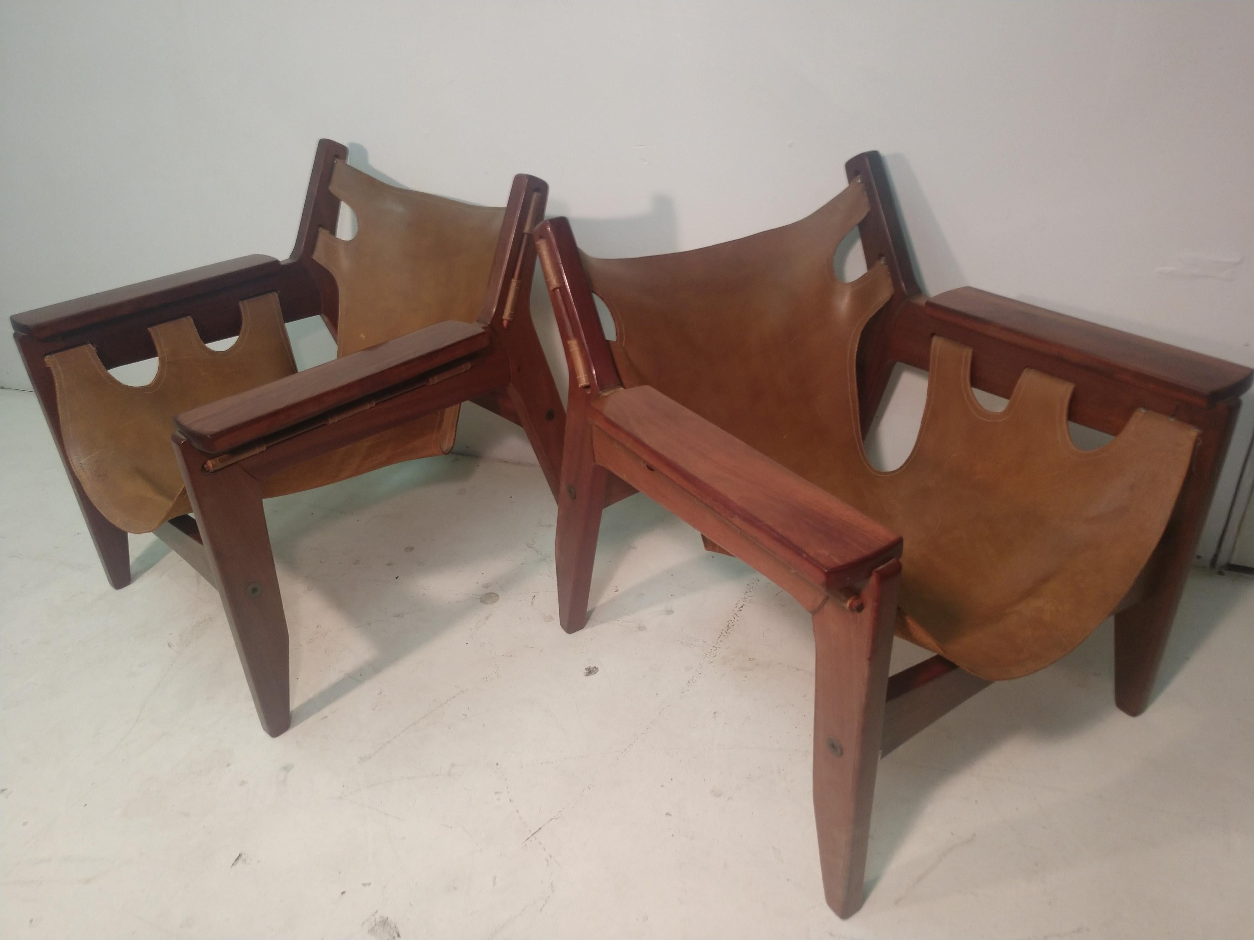 Brazilian Pair of Mid-Century Modern Rosewood & Leather Lounge Chairs by Sergio Rodrigues