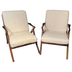 Vintage Pair of Mid-Century Modern Rosewood or Walnut Armchairs Sherpa, Upholstered