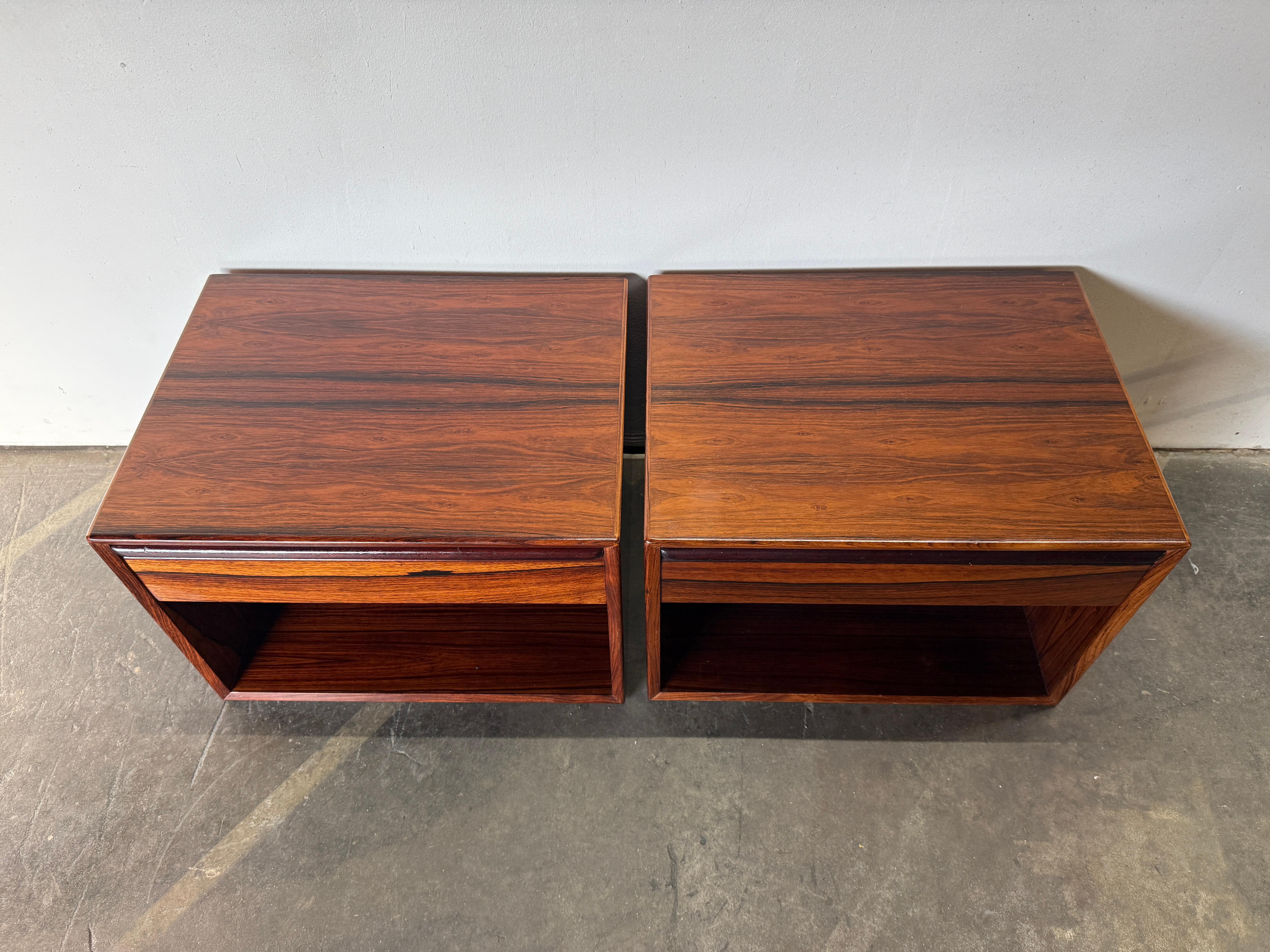 Pair of Mid Century Modern Rosewood single drawer nightstands by Westnofa Norway For Sale 1